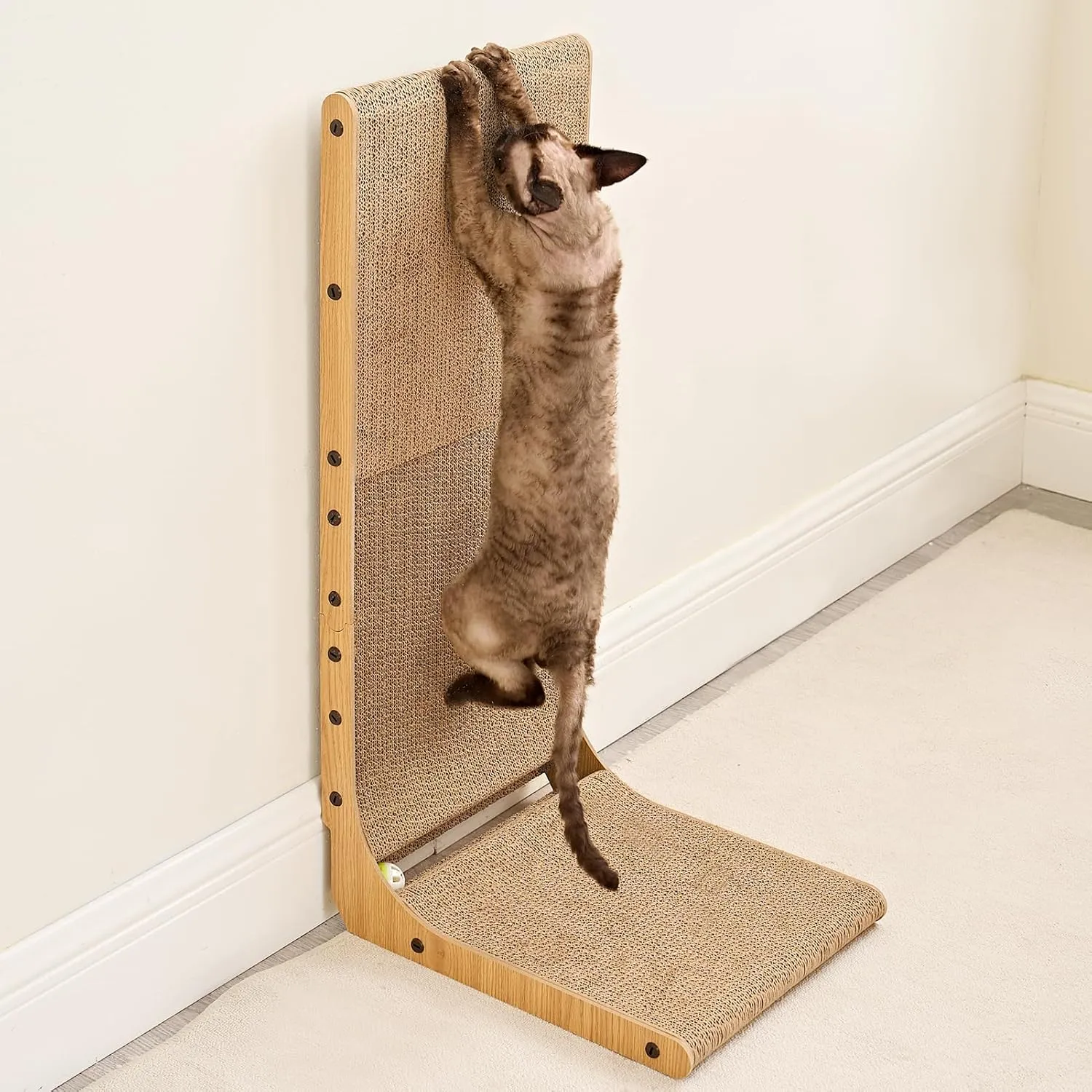 EHEYCIGA Cardboard Cat Scratcher for Indoor Cats, 32 Inch L Shaped Vertical Cat Scratching Board with Ball Cat Toy, Extra Large Cat Scratcher Pad, Brown