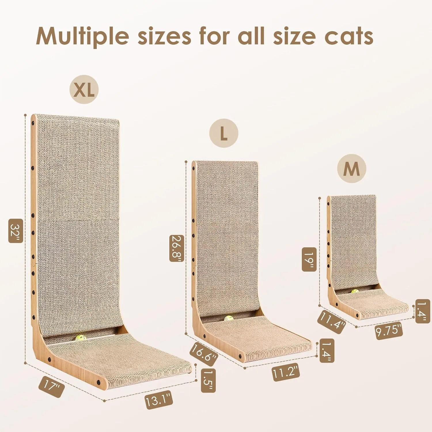 EHEYCIGA Cardboard Cat Scratcher for Indoor Cats, 32 Inch L Shaped Vertical Cat Scratching Board with Ball Cat Toy, Extra Large Cat Scratcher Pad, Brown