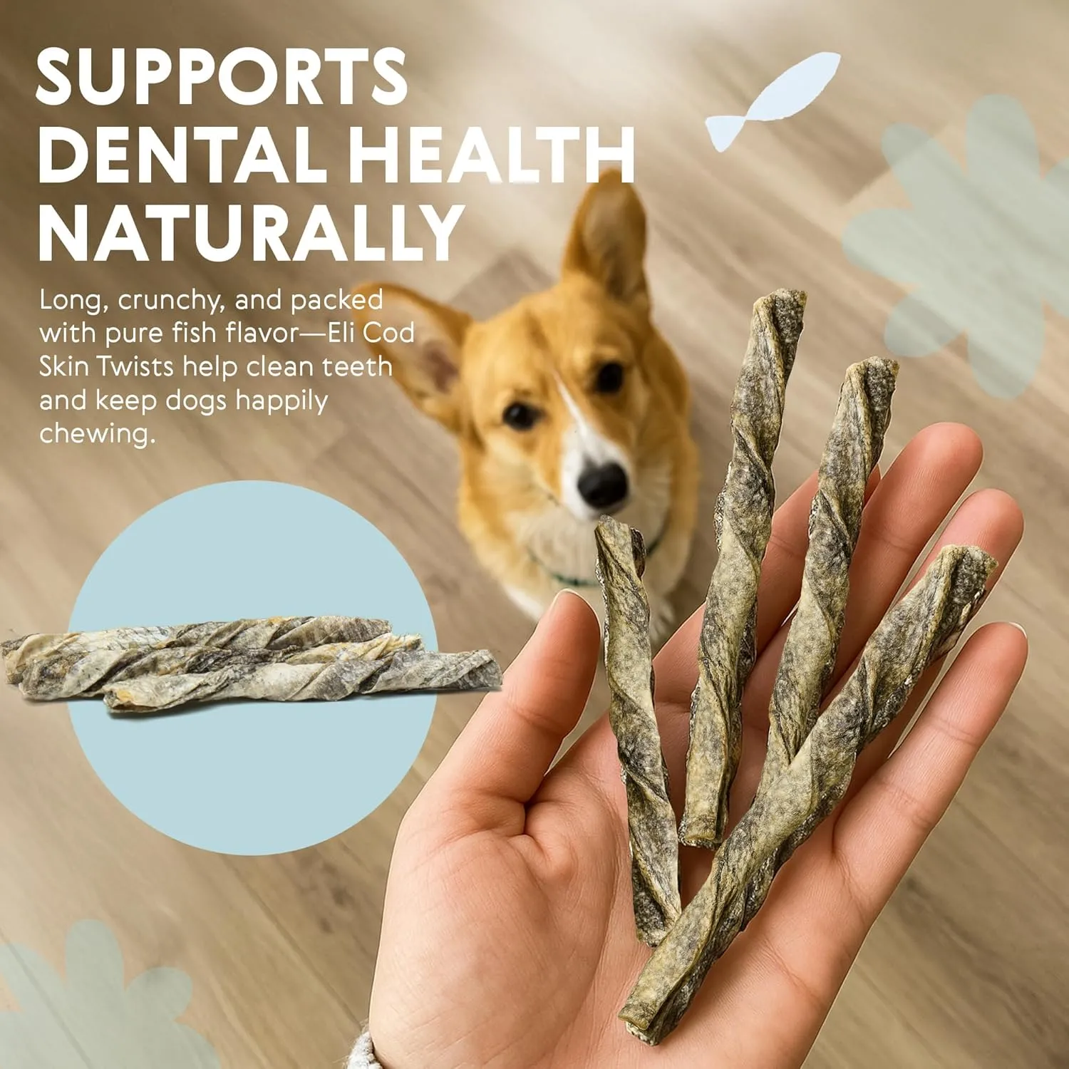 Eli Cod Skin Twists  A Natural, Crunchy Dog Treat Made from Twisted Cod Skins, High in Protein and Omega-3, Ideal for Teeth Cleaning, Single Ingredient, Grain Free, Gluten Free, Air Dried  3 oz