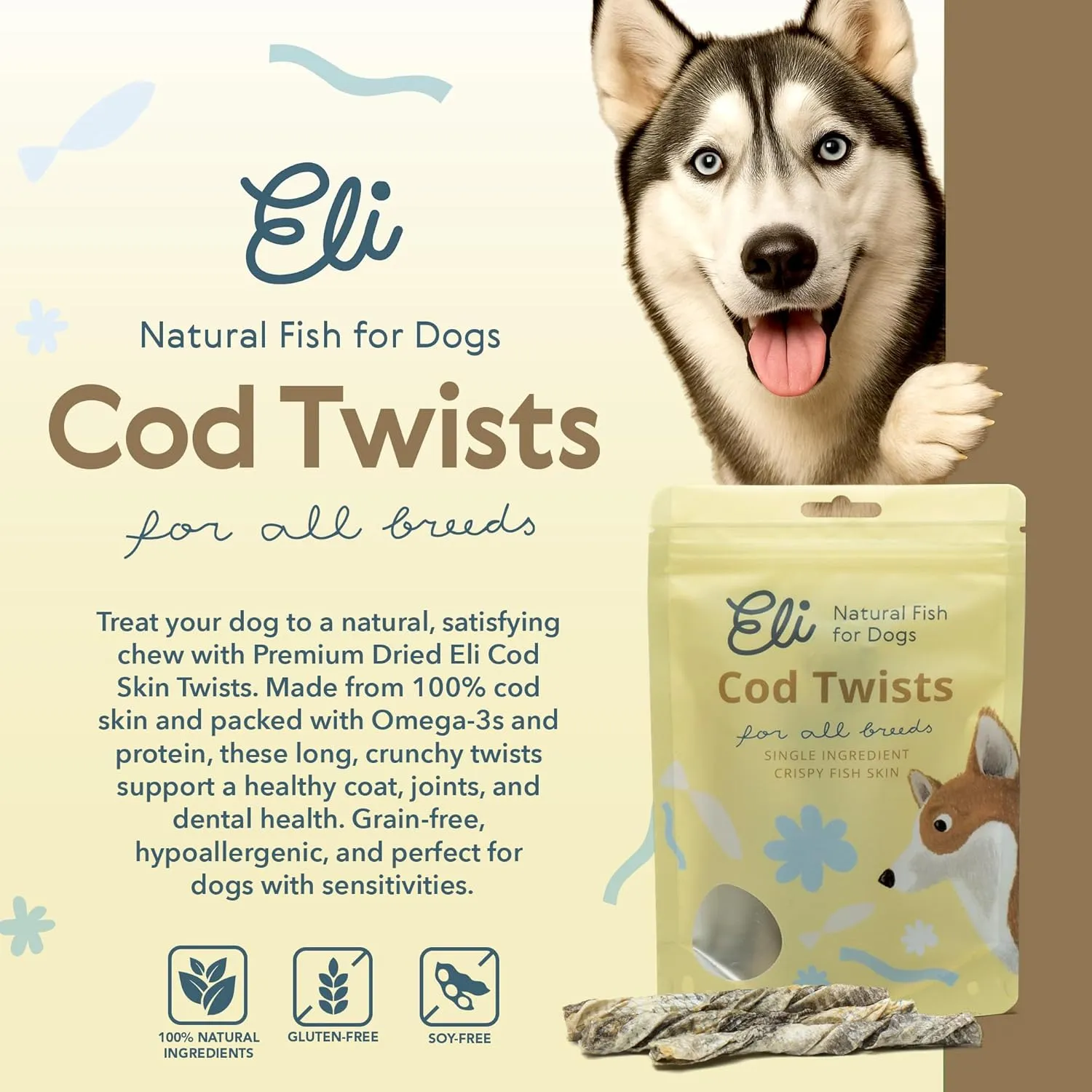 Eli Cod Skin Twists  A Natural, Crunchy Dog Treat Made from Twisted Cod Skins, High in Protein and Omega-3, Ideal for Teeth Cleaning, Single Ingredient, Grain Free, Gluten Free, Air Dried  3 oz
