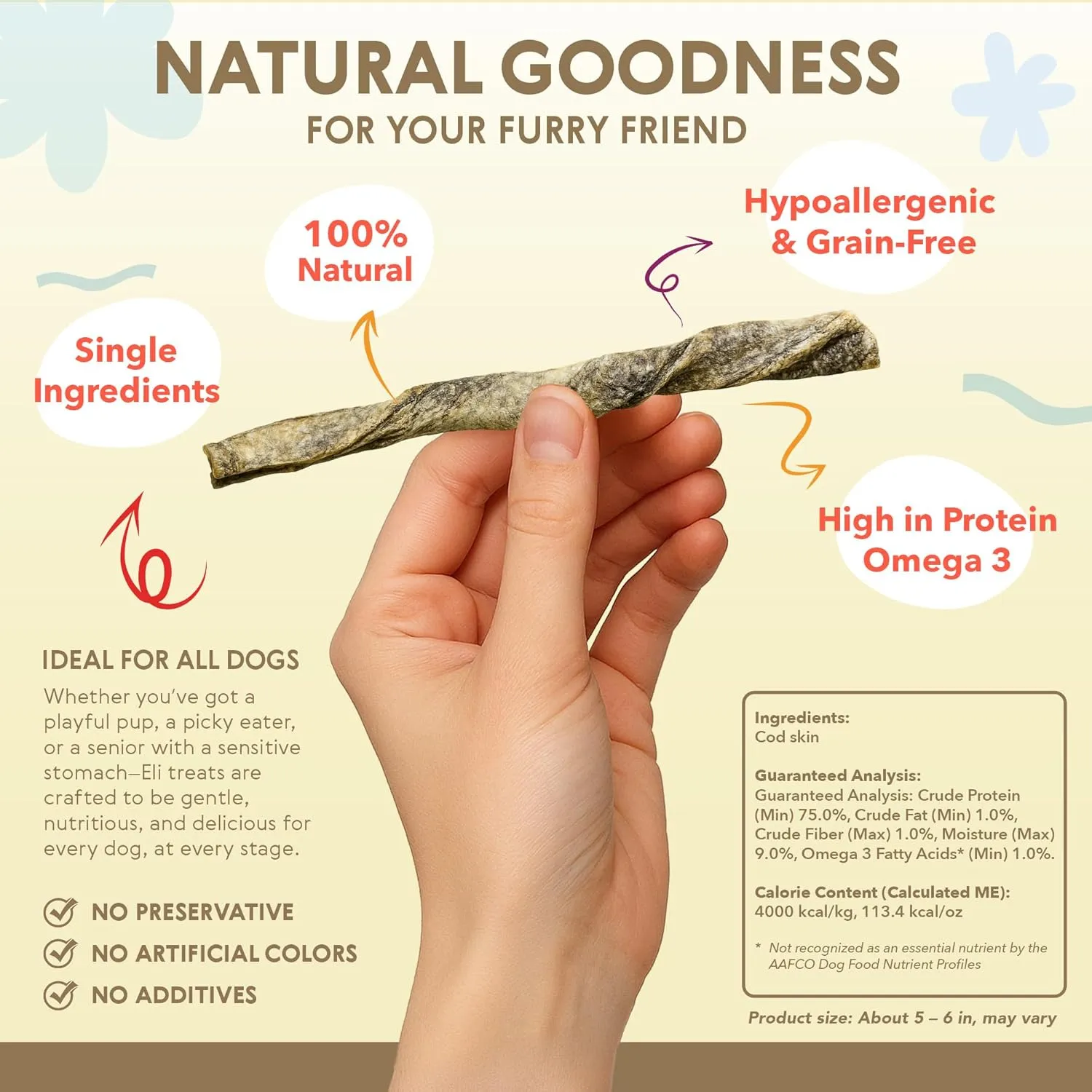 Eli Cod Skin Twists  A Natural, Crunchy Dog Treat Made from Twisted Cod Skins, High in Protein and Omega-3, Ideal for Teeth Cleaning, Single Ingredient, Grain Free, Gluten Free, Air Dried  3 oz