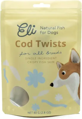 Eli Cod Skin Twists  A Natural, Crunchy Dog Treat Made from Twisted Cod Skins, High in Protein and Omega-3, Ideal for Teeth Cleaning, Single Ingredient, Grain Free, Gluten Free, Air Dried  3 oz
