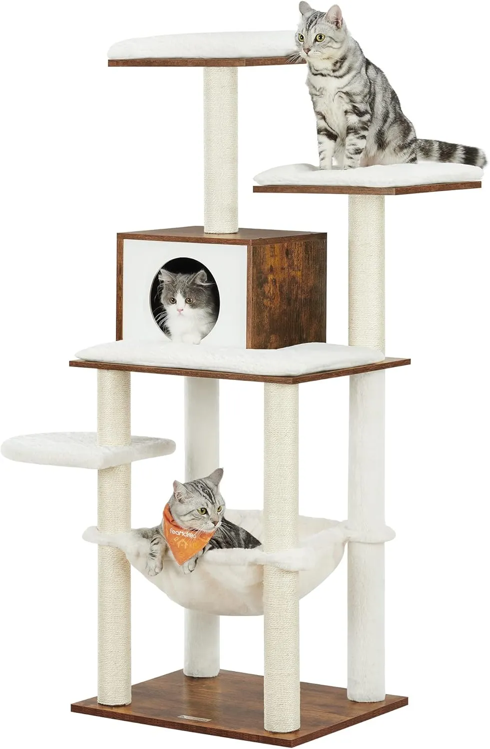 Feandrea Cat Tree, 54.3-Inch Modern Cat Tower for Indoor Cats, Multi-Level Cat Condo, Ultra-Soft Plush, Scratching Posts, Hammock, Removable, Washable Cushions, Rustic Brown UPCT164X01