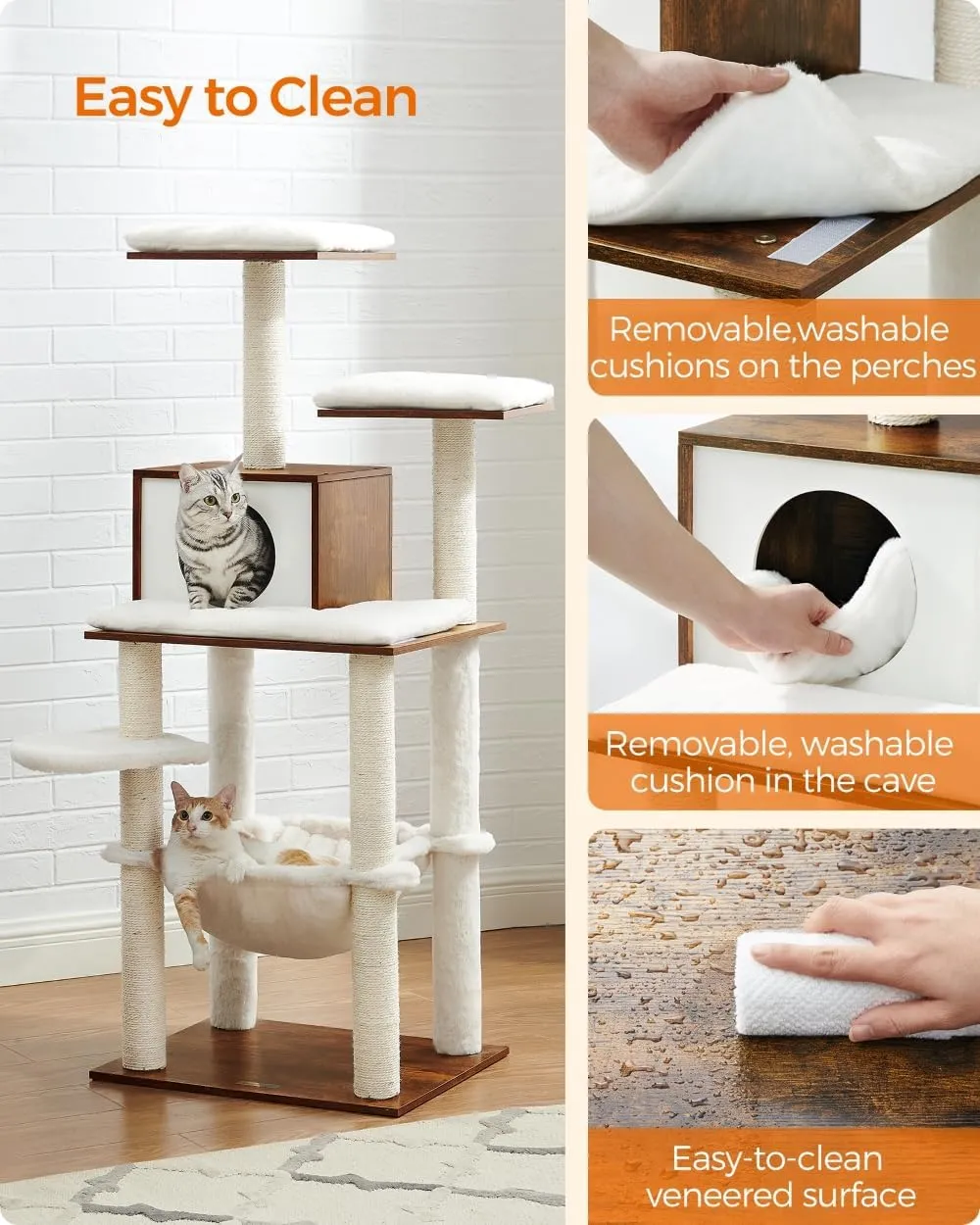 Feandrea Cat Tree, 54.3-Inch Modern Cat Tower for Indoor Cats, Multi-Level Cat Condo, Ultra-Soft Plush, Scratching Posts, Hammock, Removable, Washable Cushions, Rustic Brown UPCT164X01
