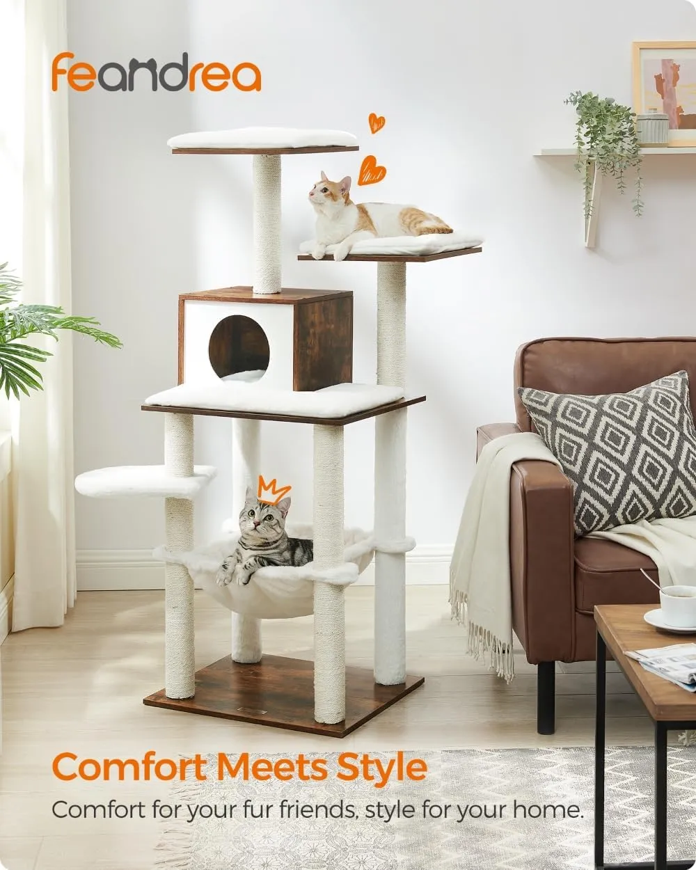 Feandrea Cat Tree, 54.3-Inch Modern Cat Tower for Indoor Cats, Multi-Level Cat Condo, Ultra-Soft Plush, Scratching Posts, Hammock, Removable, Washable Cushions, Rustic Brown UPCT164X01