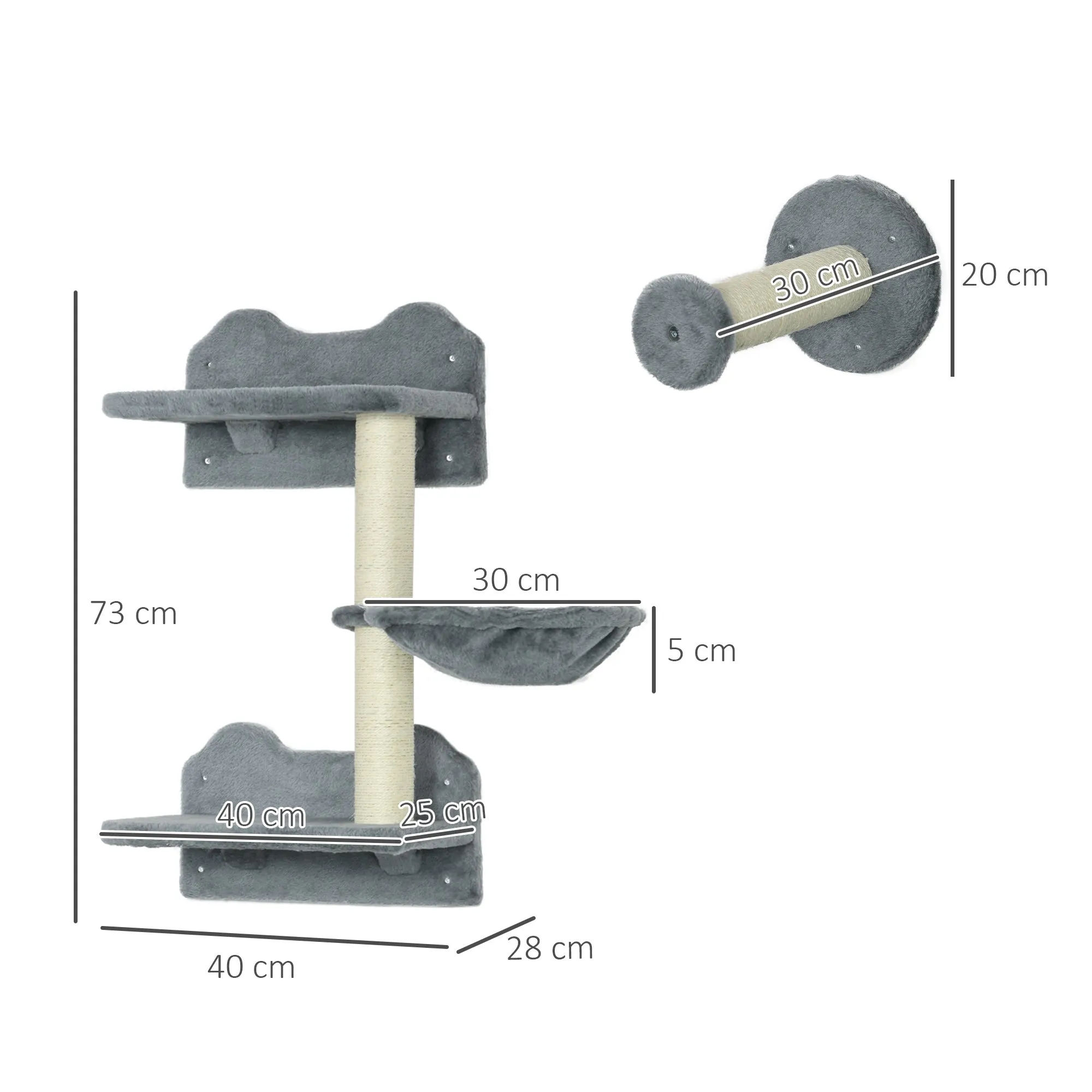 Four-Piece Cat Shelf with Scratching Post Wall-Mounted Cat Tree for Indoor Cat - Grey