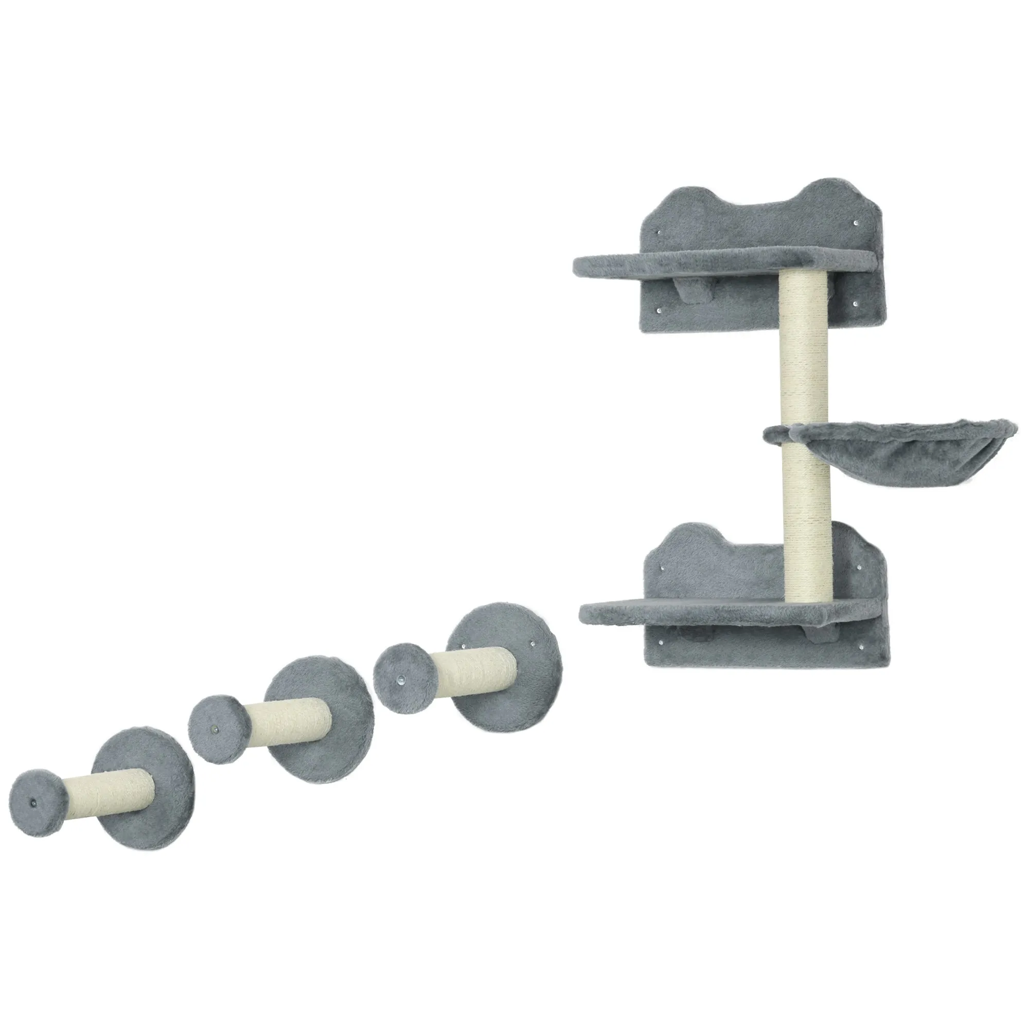 Four-Piece Cat Shelf with Scratching Post Wall-Mounted Cat Tree for Indoor Cat - Grey