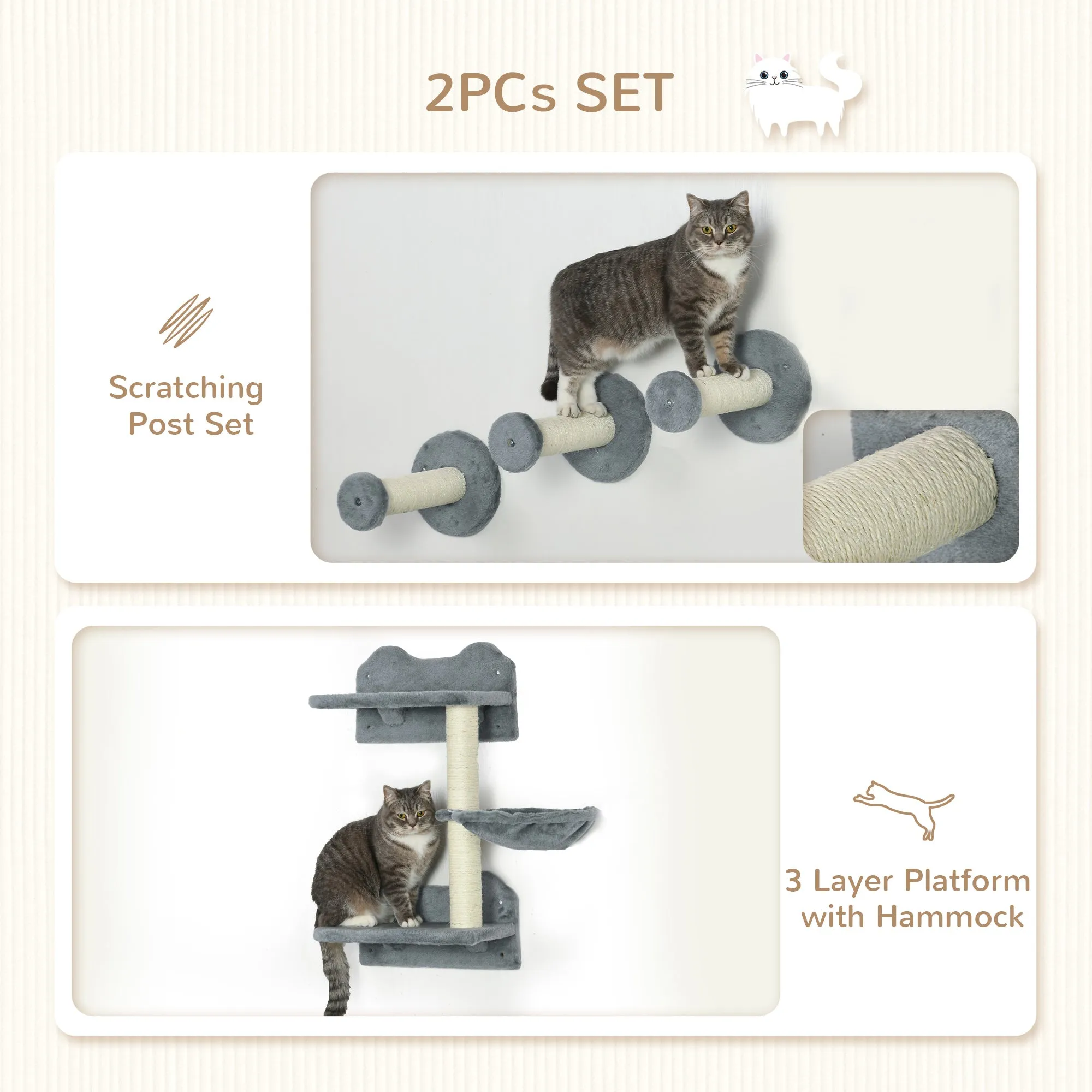 Four-Piece Cat Shelf with Scratching Post Wall-Mounted Cat Tree for Indoor Cat - Grey