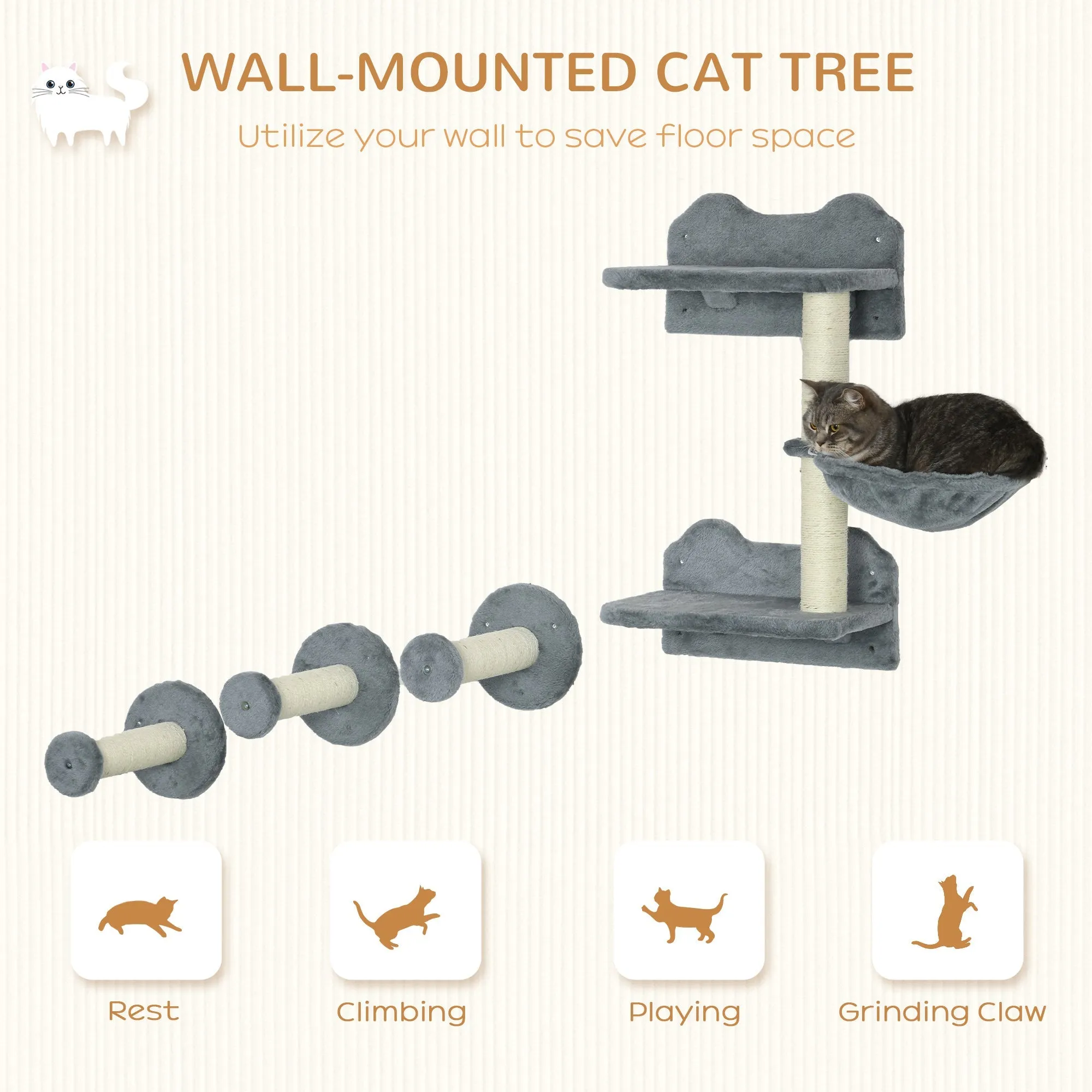 Four-Piece Cat Shelf with Scratching Post Wall-Mounted Cat Tree for Indoor Cat - Grey