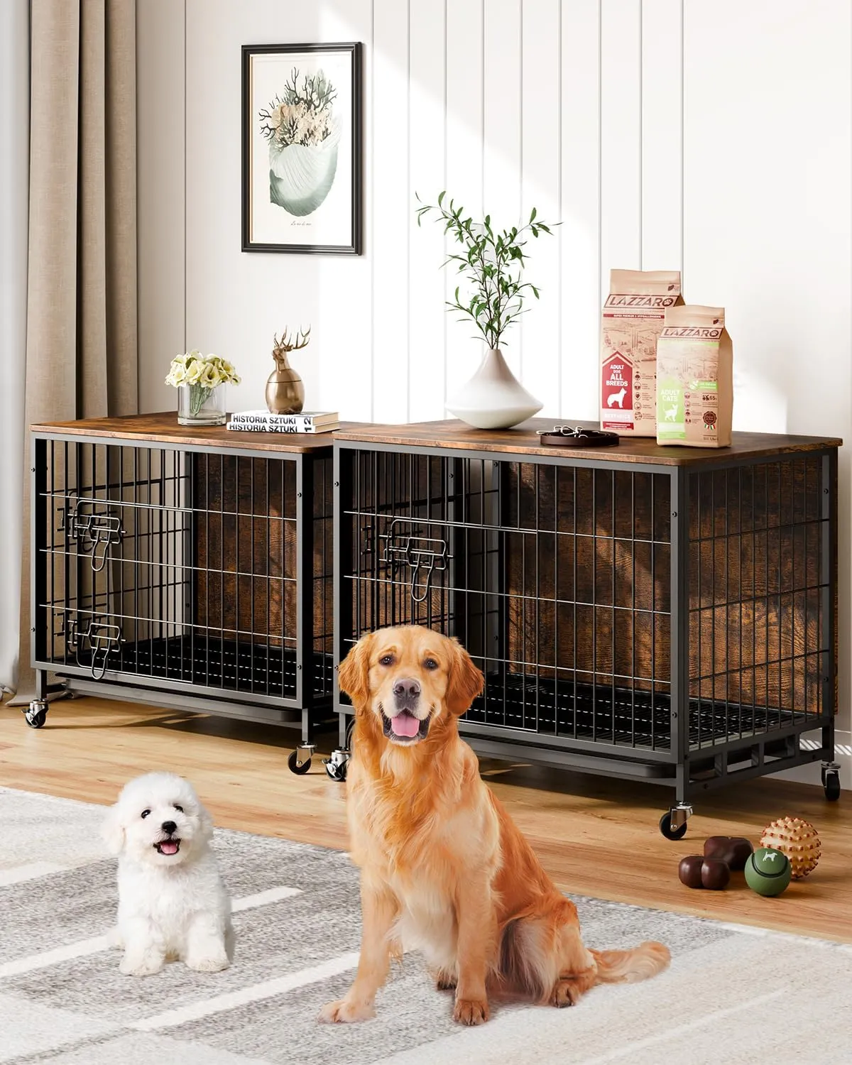 GAOMON 2024 New 27.2 Dog Crate Furniture, Heavy-Duty Wooden Large Dog Kennel with Removable Tray and Wheels, Double-Doors Dog Cage End Table, Modern Indoor Dog House for Small Dogs, Rustic Brown