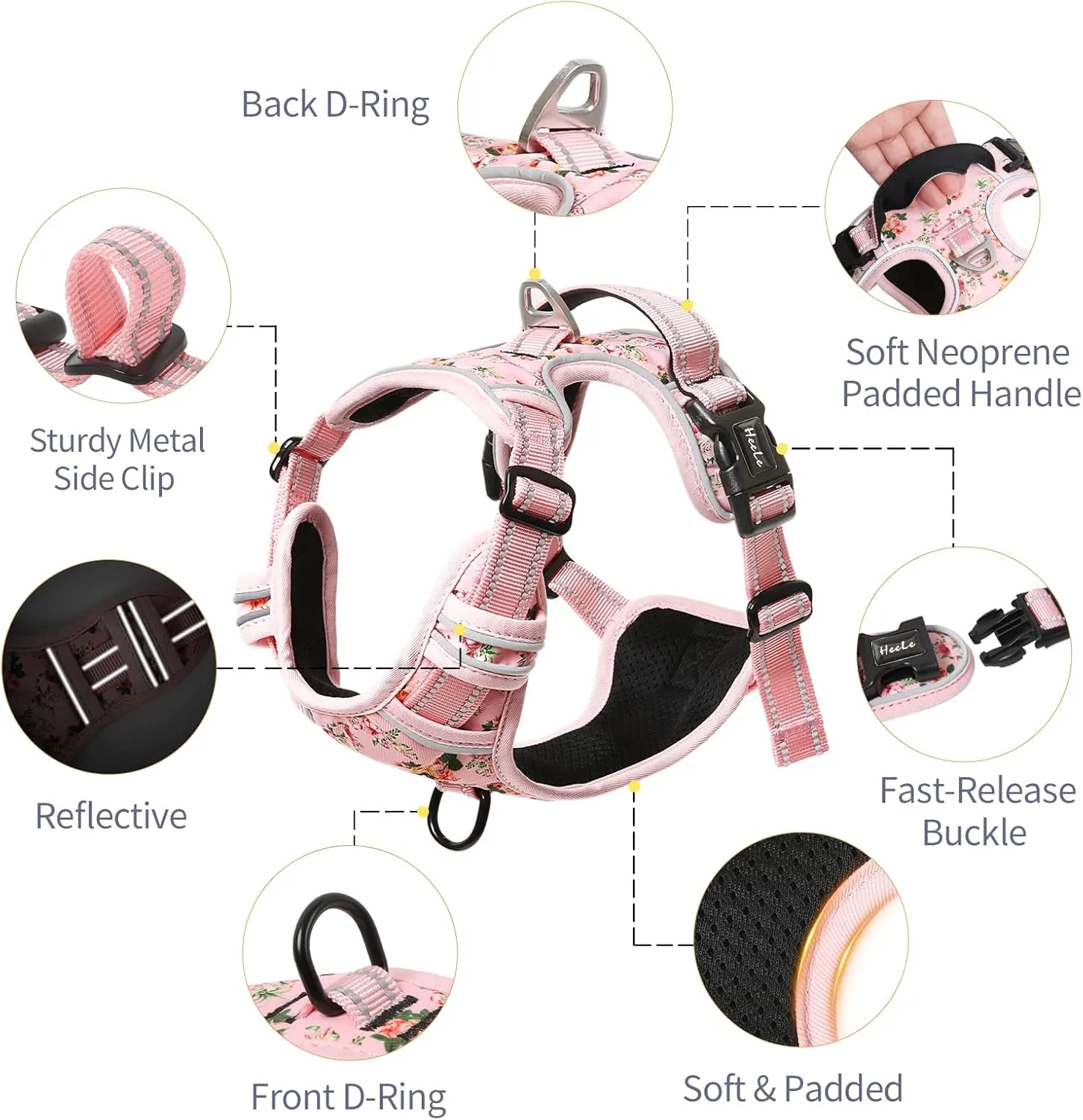 HEELE Dog Harness, No Pull Adjustable Padded Reflective Harness for Small Medium Large Dogs with Handle for Walking Training, Flower-Pink, L