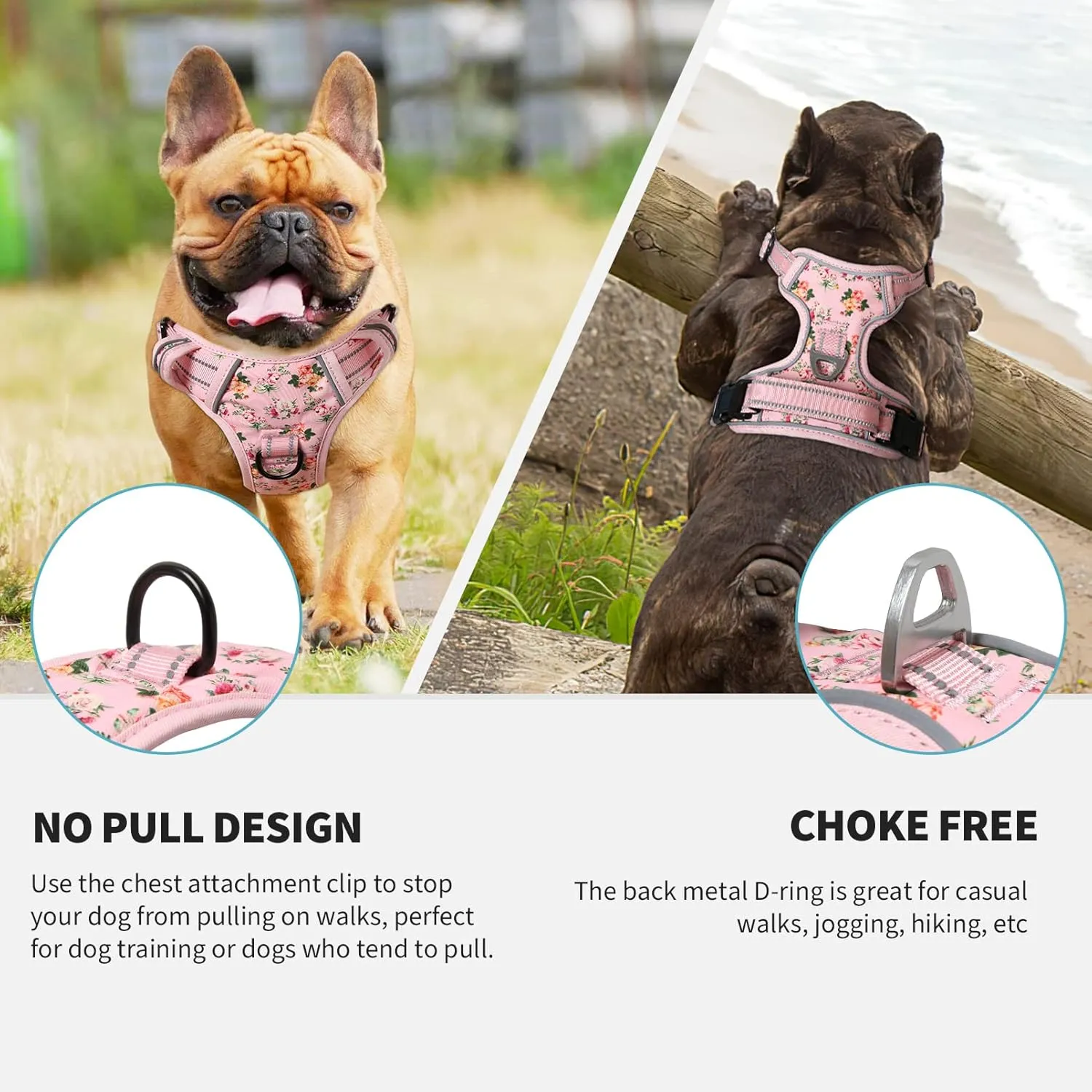 HEELE Dog Harness, No Pull Adjustable Padded Reflective Harness for Small Medium Large Dogs with Handle for Walking Training, Flower-Pink, L