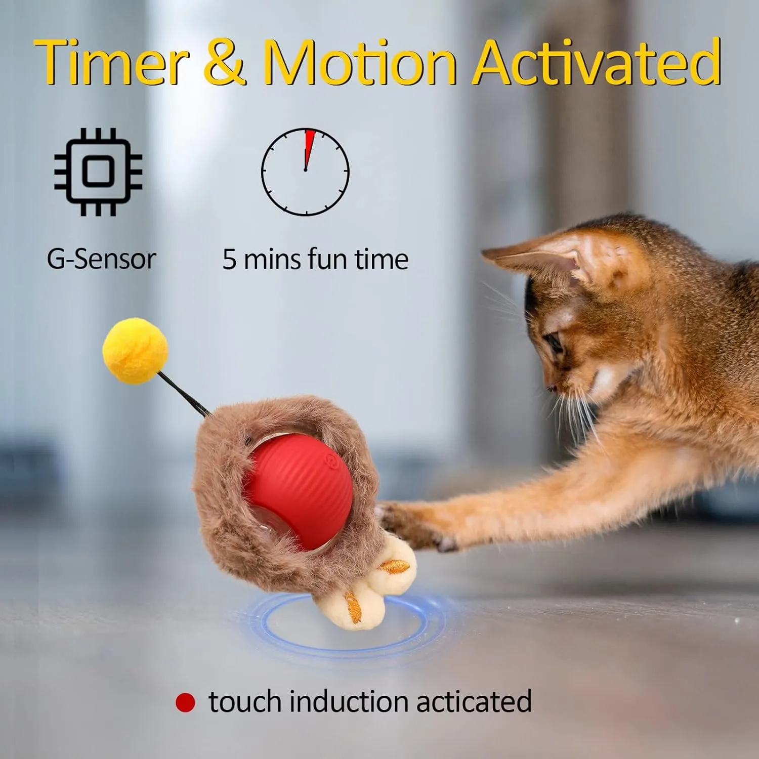Interactive Cat Toy Ball for Indoor Cats, 2025 New Fast Self Rolling Ball Cat Toy on Carpet, Smart Interactive Automatic Cat Toy Ball for Gifts for Indoor Cats, Moving Cat Toy Ball-Plush Style(Red)