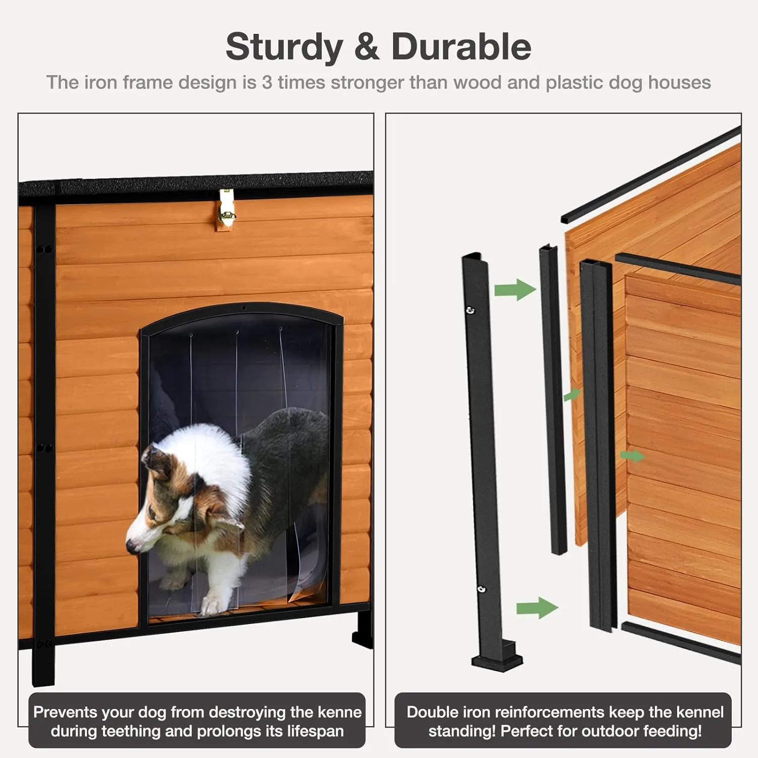 Large Heated Dog House with Insulated Liner for Outdoor - Waterproof Outside Dog Kennel for Medium and Large Dog with All-Around Iron Frame - Brown