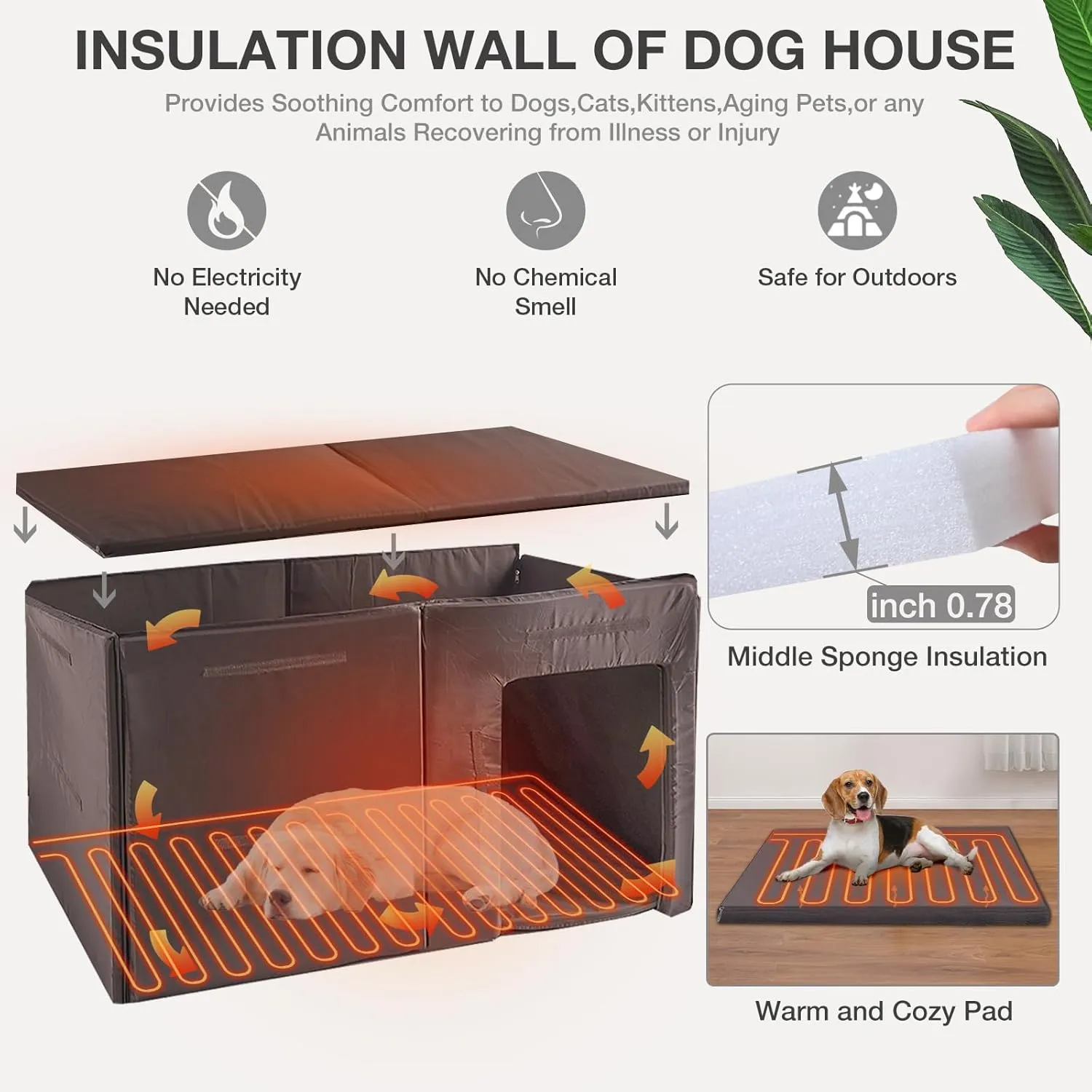 Large Heated Dog House with Insulated Liner for Outdoor - Waterproof Outside Dog Kennel for Medium and Large Dog with All-Around Iron Frame - Brown