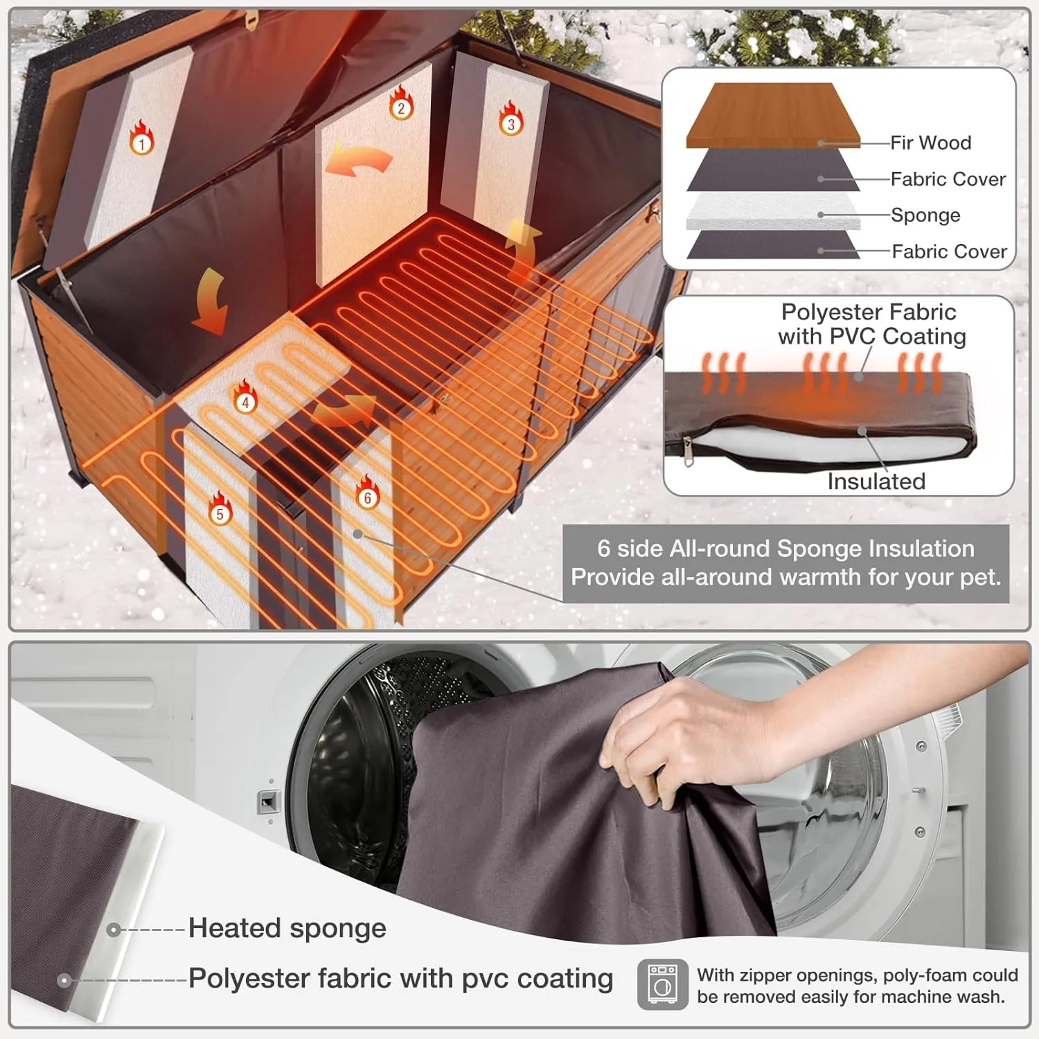 Large Heated Dog House with Insulated Liner for Outdoor - Waterproof Outside Dog Kennel for Medium and Large Dog with All-Around Iron Frame - Brown