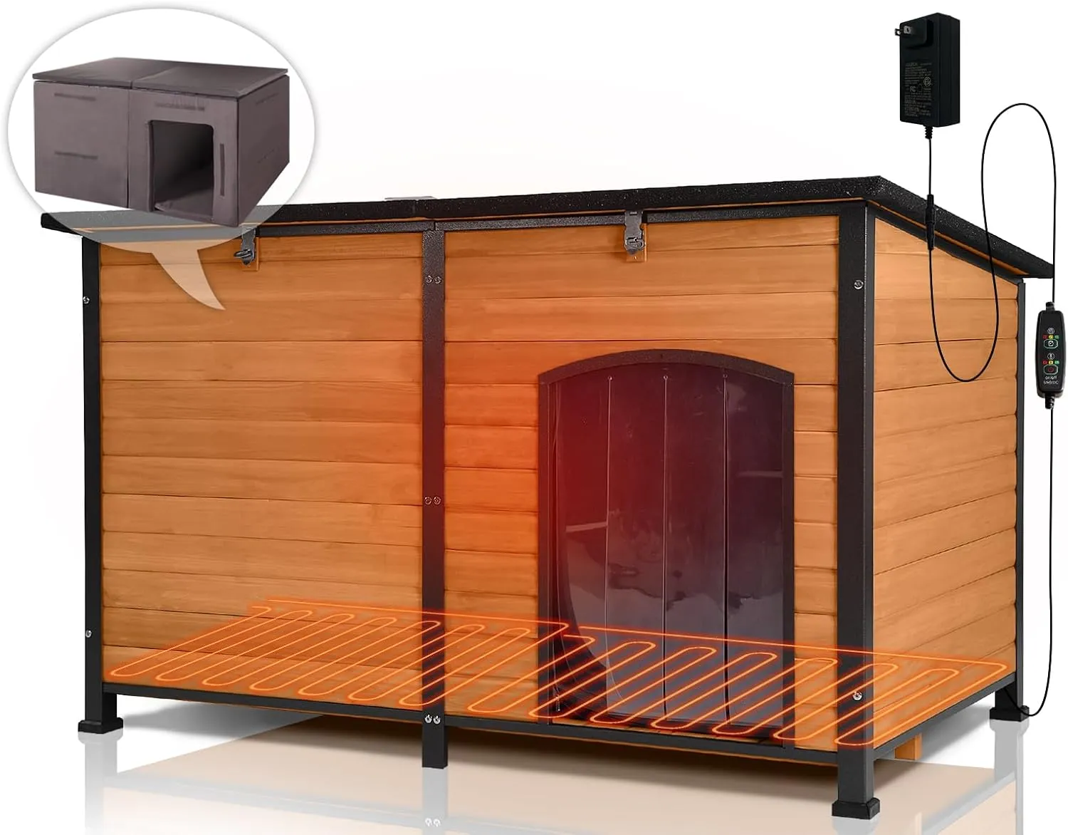Large Heated Dog House with Insulated Liner for Outdoor - Waterproof Outside Dog Kennel for Medium and Large Dog with All-Around Iron Frame - Brown