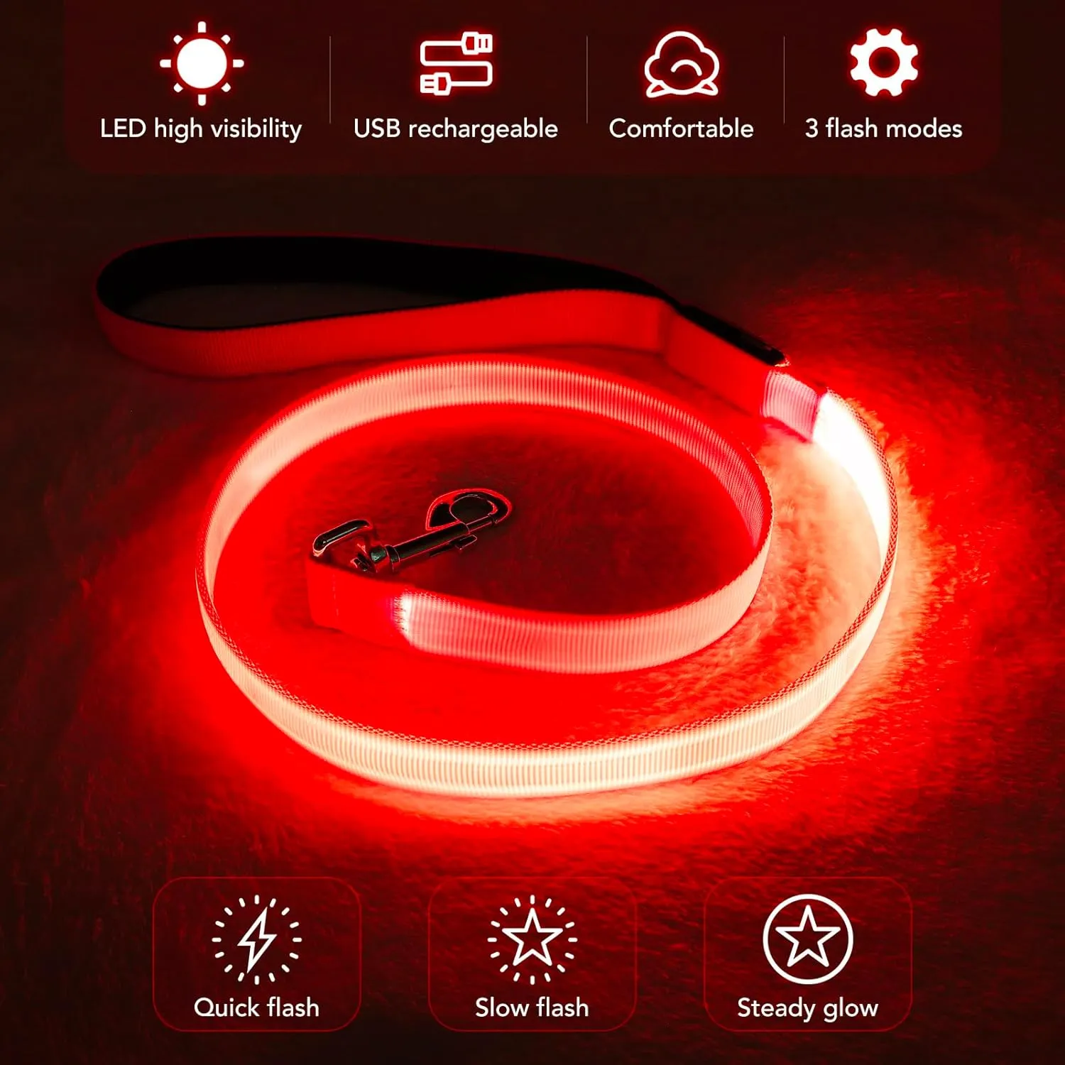 LED Dog Leash Light Up 4 Feet Micro USB Rechargeable Nylon Webbing Glow Safety Standard by Bpawser (Red)