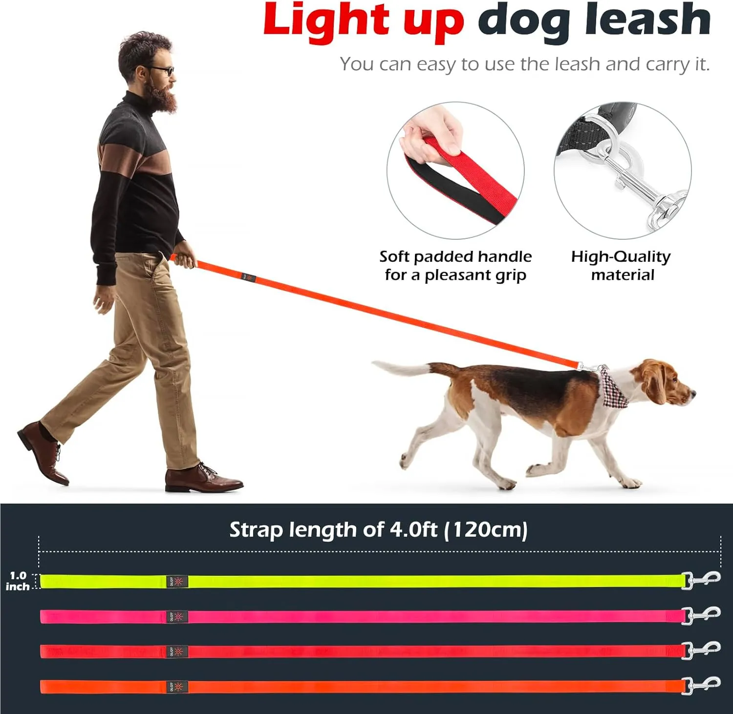 LED Dog Leash Light Up 4 Feet Micro USB Rechargeable Nylon Webbing Glow Safety Standard by Bpawser (Red)