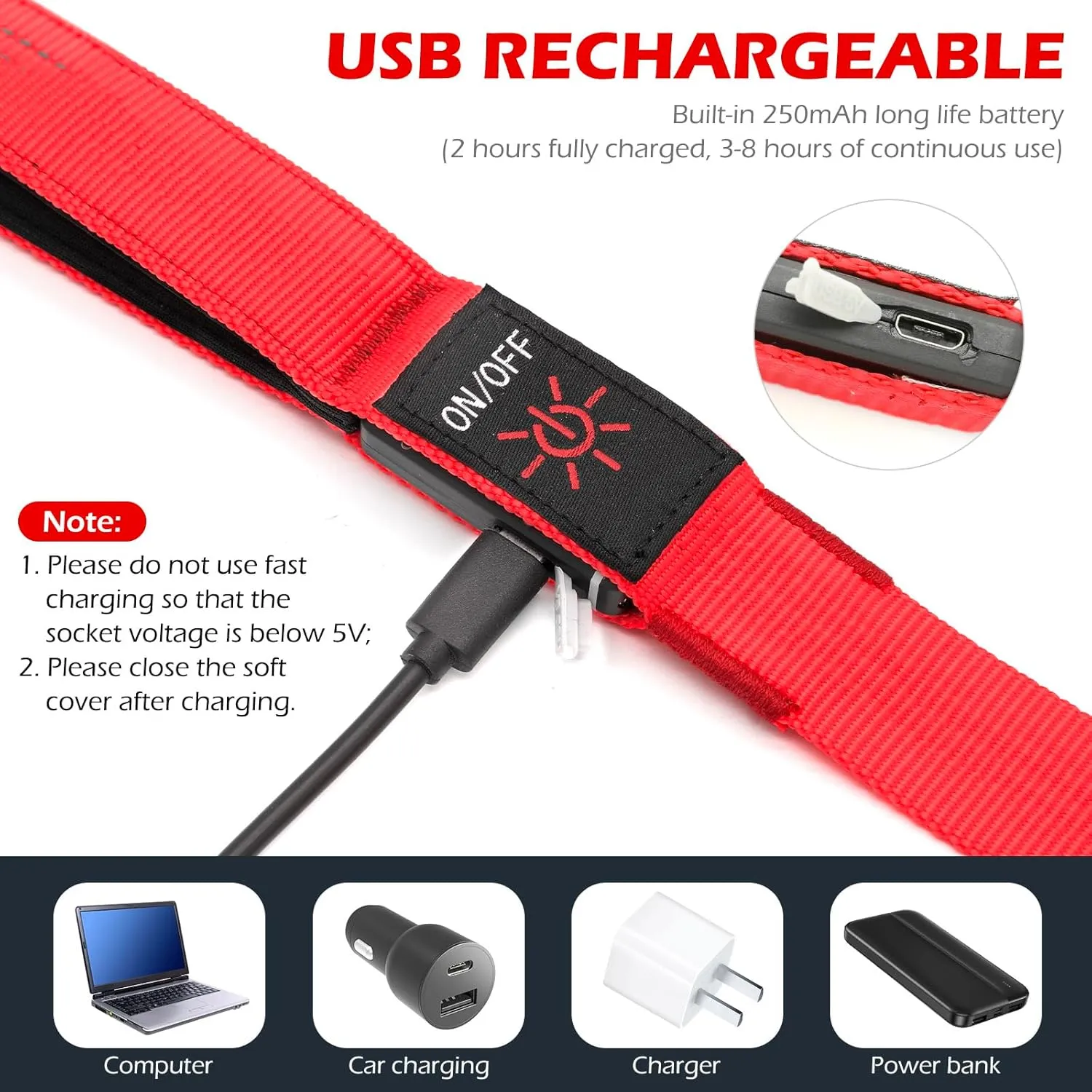 LED Dog Leash Light Up 4 Feet Micro USB Rechargeable Nylon Webbing Glow Safety Standard by Bpawser (Red)