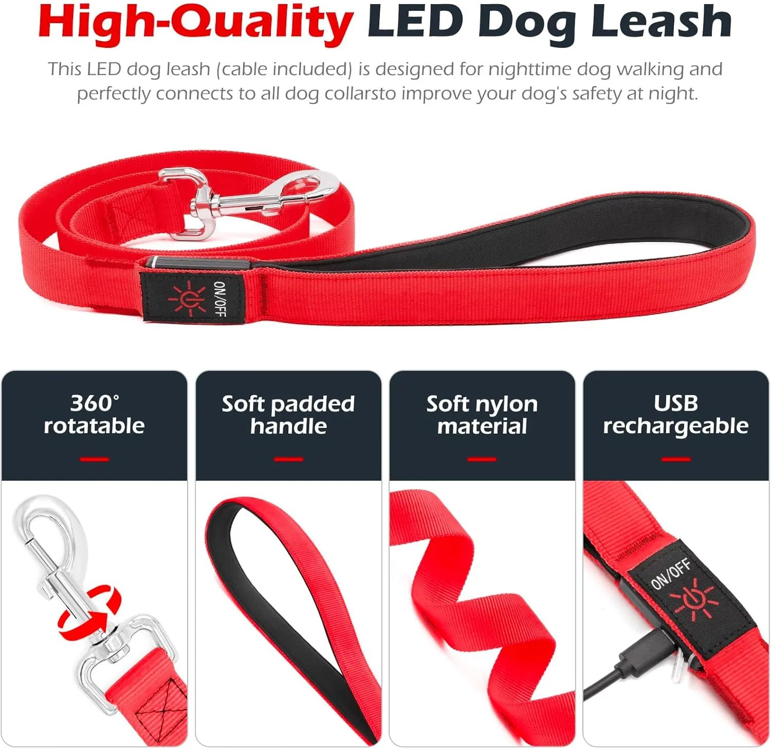 LED Dog Leash Light Up 4 Feet Micro USB Rechargeable Nylon Webbing Glow Safety Standard by Bpawser (Red)