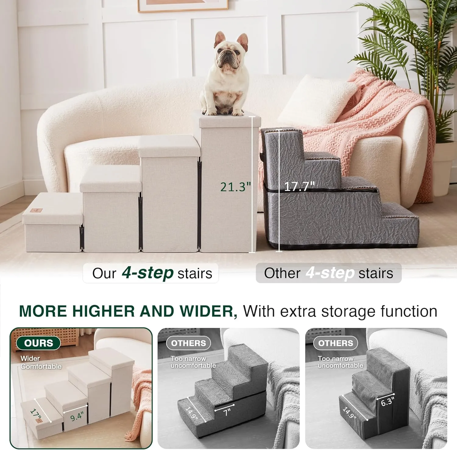 Love's cabin Dog Stairs for Small Medium or Large Dogs with Storage and Adjustable Steps, Foldable Pet Steps for Bed or Couch, 4-Step Beige Folding Cat Ramp with Zip up to 200 lbs,Beige