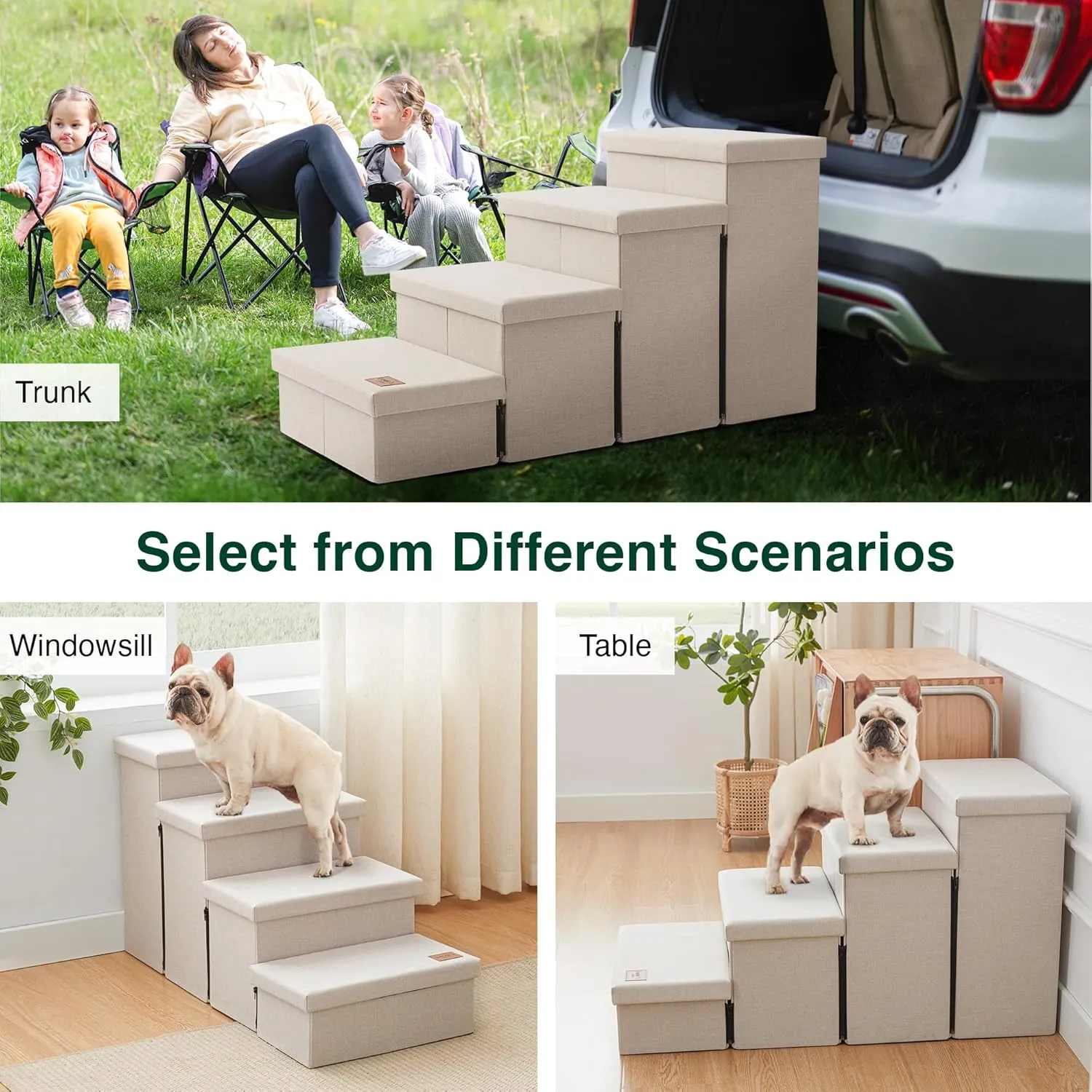 Love's cabin Dog Stairs for Small Medium or Large Dogs with Storage and Adjustable Steps, Foldable Pet Steps for Bed or Couch, 4-Step Beige Folding Cat Ramp with Zip up to 200 lbs,Beige