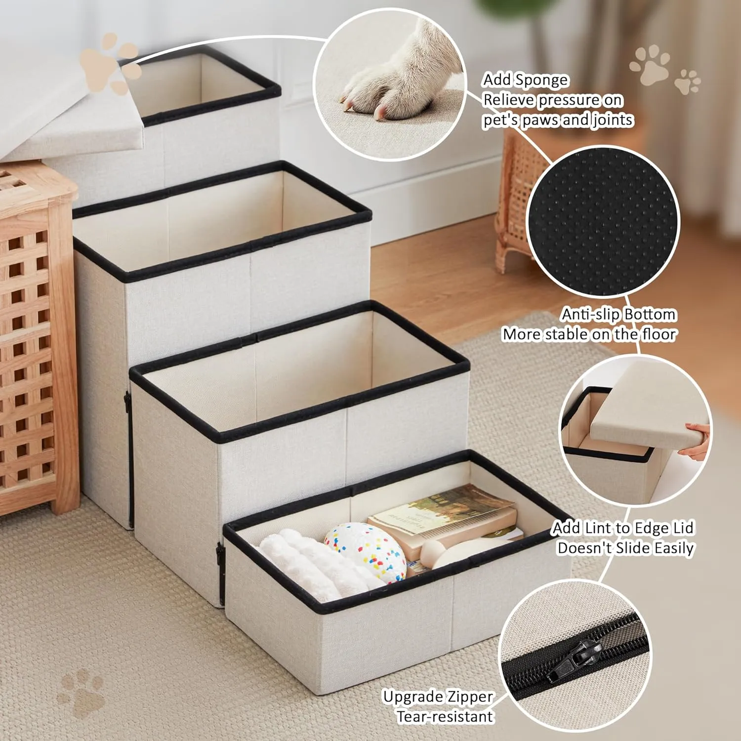 Love's cabin Dog Stairs for Small Medium or Large Dogs with Storage and Adjustable Steps, Foldable Pet Steps for Bed or Couch, 4-Step Beige Folding Cat Ramp with Zip up to 200 lbs,Beige