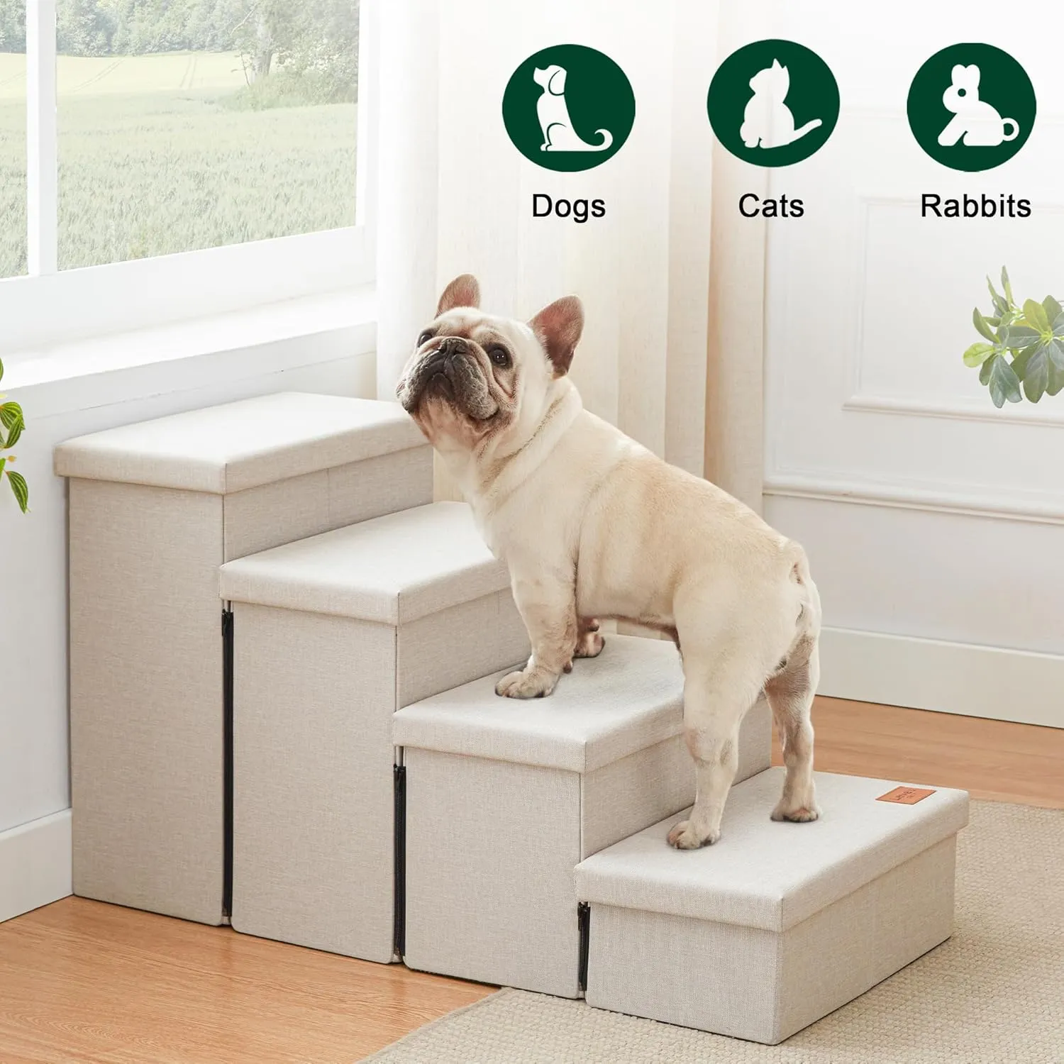 Love's cabin Dog Stairs for Small Medium or Large Dogs with Storage and Adjustable Steps, Foldable Pet Steps for Bed or Couch, 4-Step Beige Folding Cat Ramp with Zip up to 200 lbs,Beige