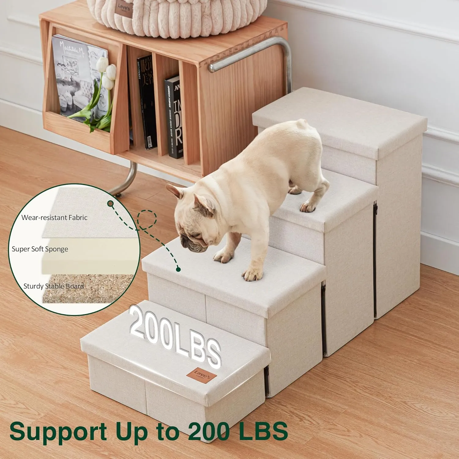 Love's cabin Dog Stairs for Small Medium or Large Dogs with Storage and Adjustable Steps, Foldable Pet Steps for Bed or Couch, 4-Step Beige Folding Cat Ramp with Zip up to 200 lbs,Beige