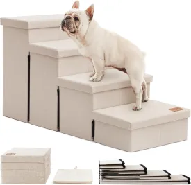 Love's cabin Dog Stairs for Small Medium or Large Dogs with Storage and Adjustable Steps, Foldable Pet Steps for Bed or Couch, 4-Step Beige Folding Cat Ramp with Zip up to 200 lbs,Beige