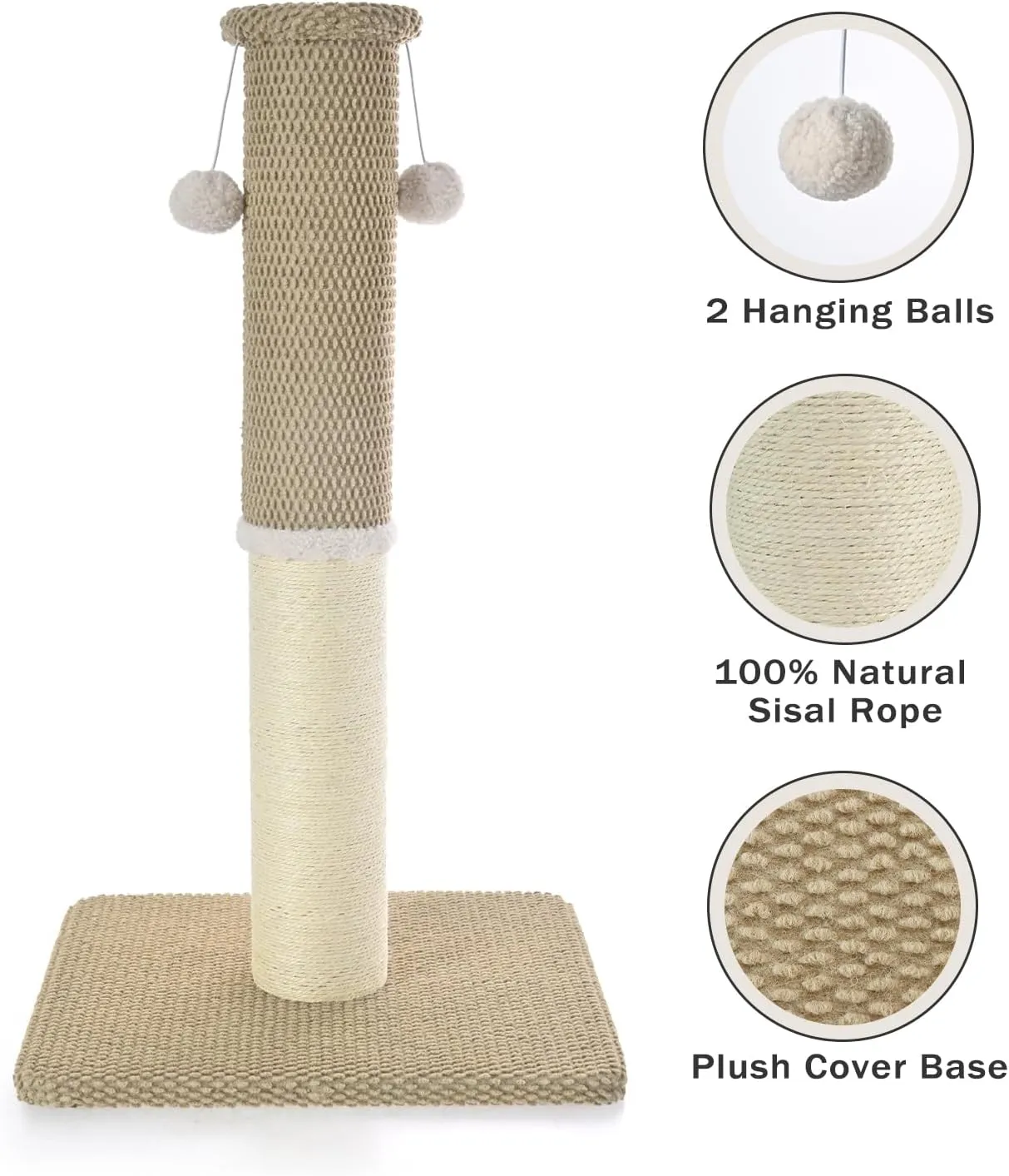 Made4Pets Cat Scratching Post 23.6", Tall Scratching Posts for Indoor Cats Adults, Natural Sisal Rope Cat Scratcher with Replacement Hanging Balls, 4.3 Inches Thick Cat Scratch Post, Beige