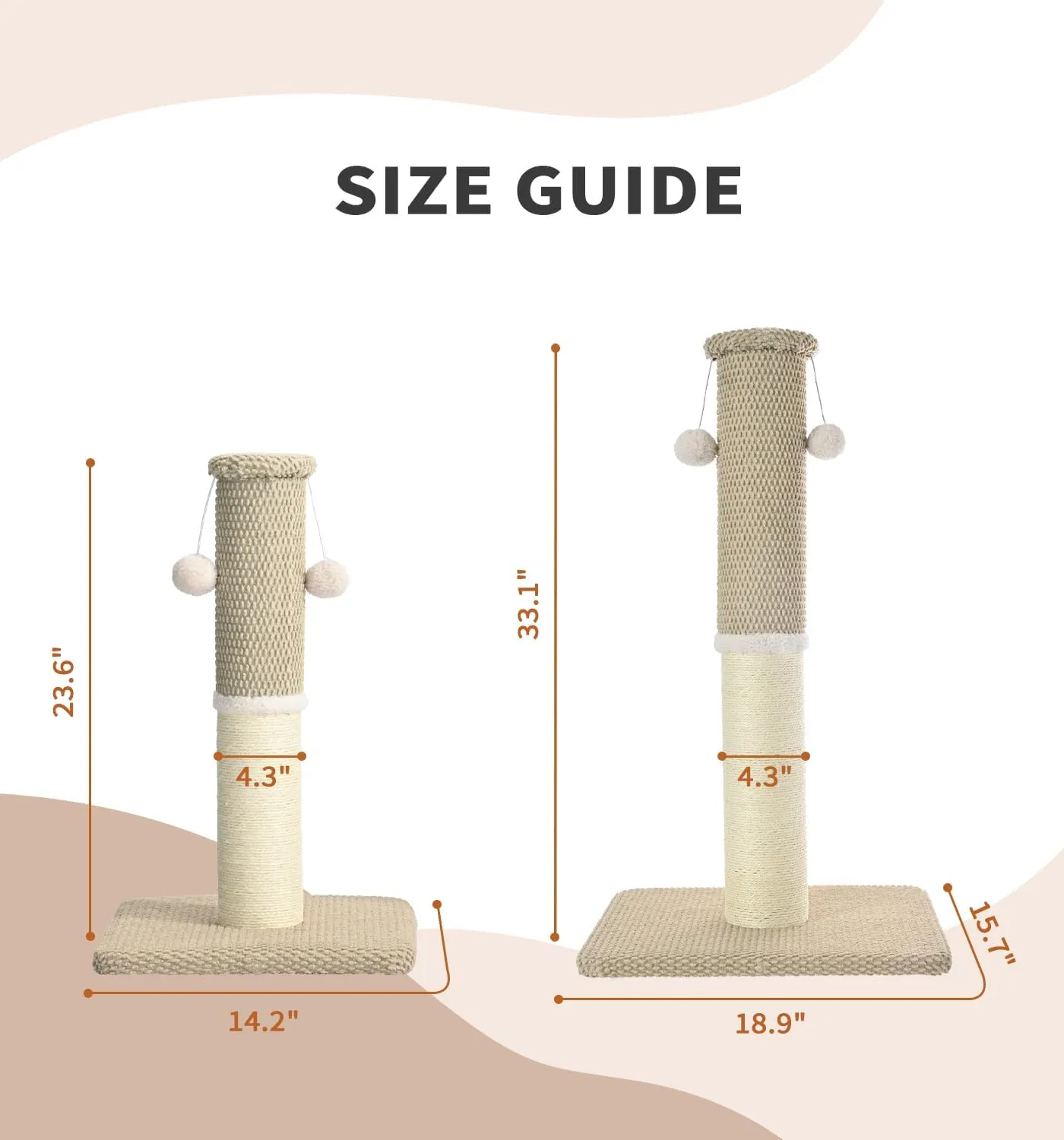 Made4Pets Cat Scratching Post 23.6", Tall Scratching Posts for Indoor Cats Adults, Natural Sisal Rope Cat Scratcher with Replacement Hanging Balls, 4.3 Inches Thick Cat Scratch Post, Beige