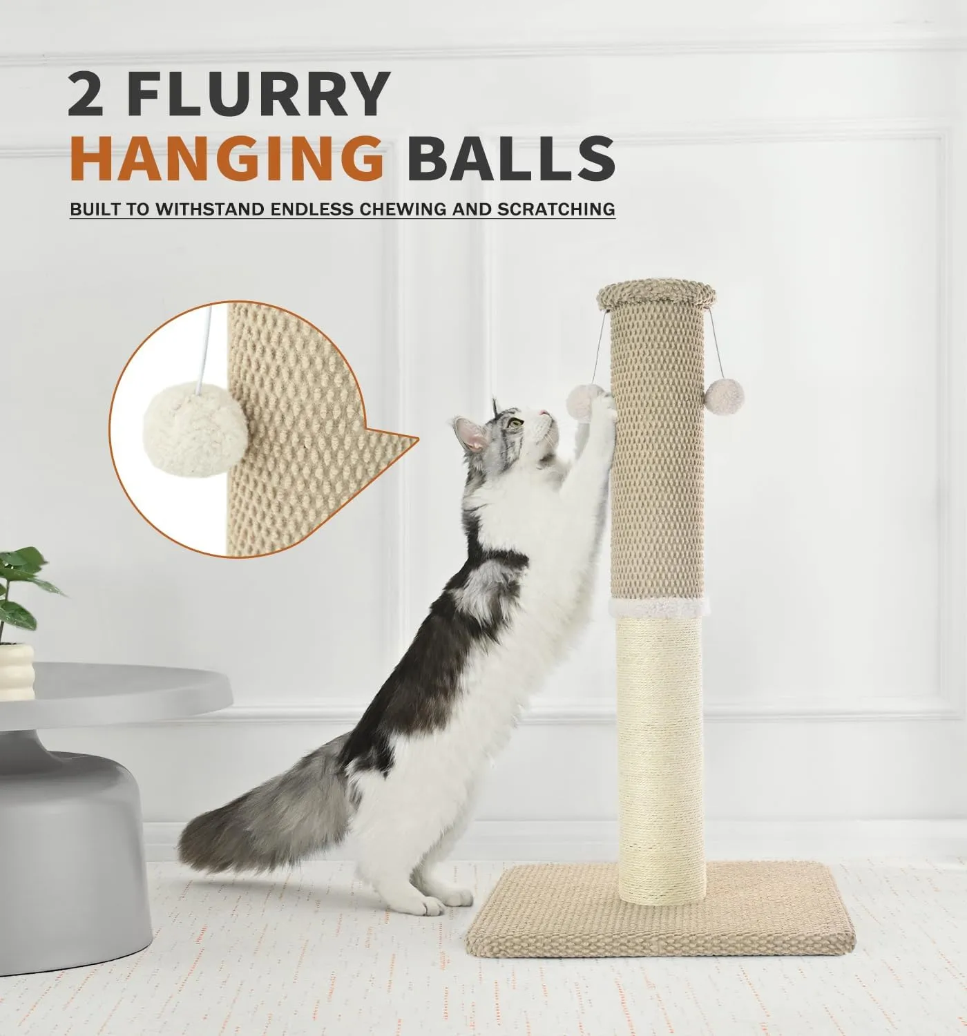 Made4Pets Cat Scratching Post 23.6", Tall Scratching Posts for Indoor Cats Adults, Natural Sisal Rope Cat Scratcher with Replacement Hanging Balls, 4.3 Inches Thick Cat Scratch Post, Beige