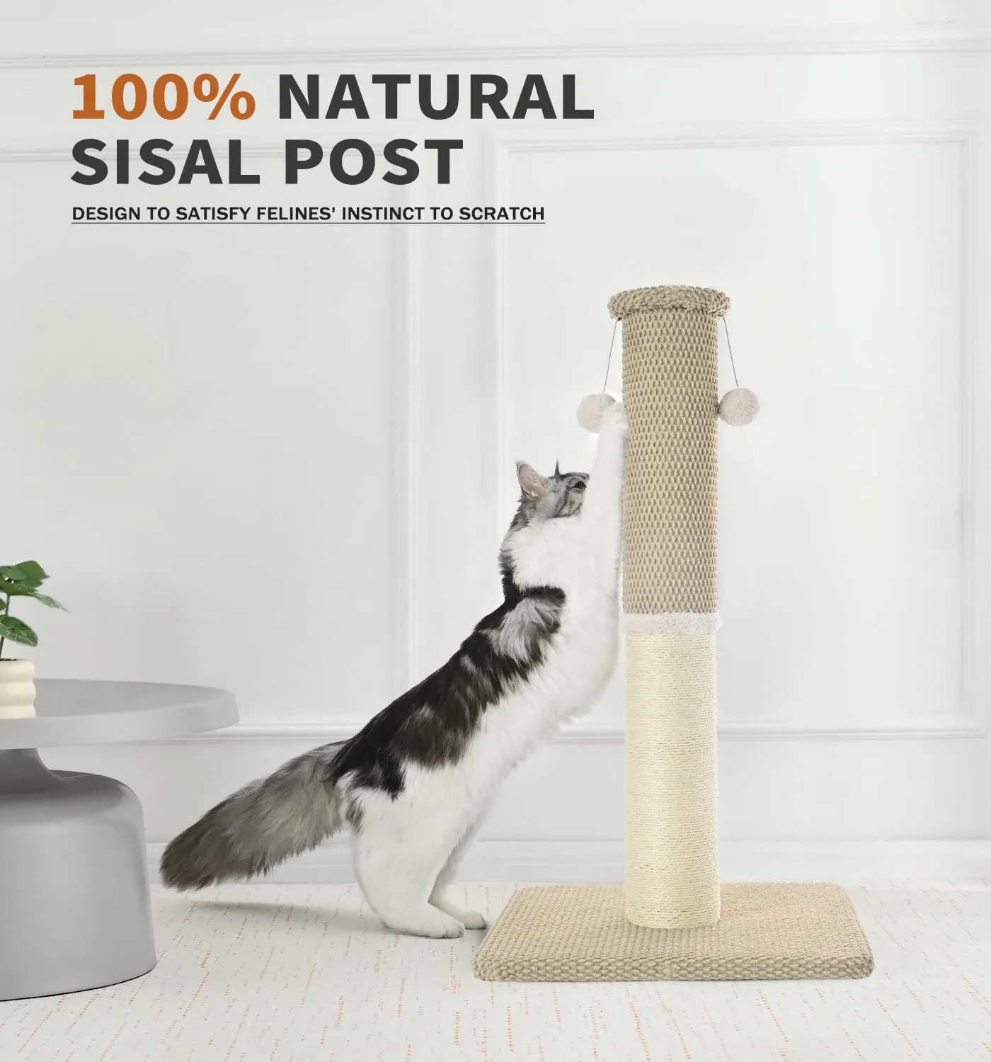 Made4Pets Cat Scratching Post 23.6", Tall Scratching Posts for Indoor Cats Adults, Natural Sisal Rope Cat Scratcher with Replacement Hanging Balls, 4.3 Inches Thick Cat Scratch Post, Beige