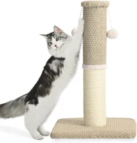 Made4Pets Cat Scratching Post 23.6", Tall Scratching Posts for Indoor Cats Adults, Natural Sisal Rope Cat Scratcher with Replacement Hanging Balls, 4.3 Inches Thick Cat Scratch Post, Beige