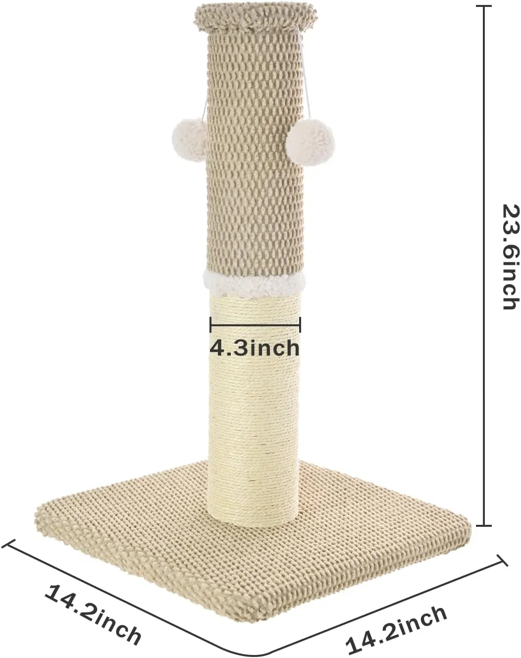 Made4Pets Cat Scratching Post 23.6", Tall Scratching Posts for Indoor Cats Adults, Natural Sisal Rope Cat Scratcher with Replacement Hanging Balls, 4.3 Inches Thick Cat Scratch Post, Beige