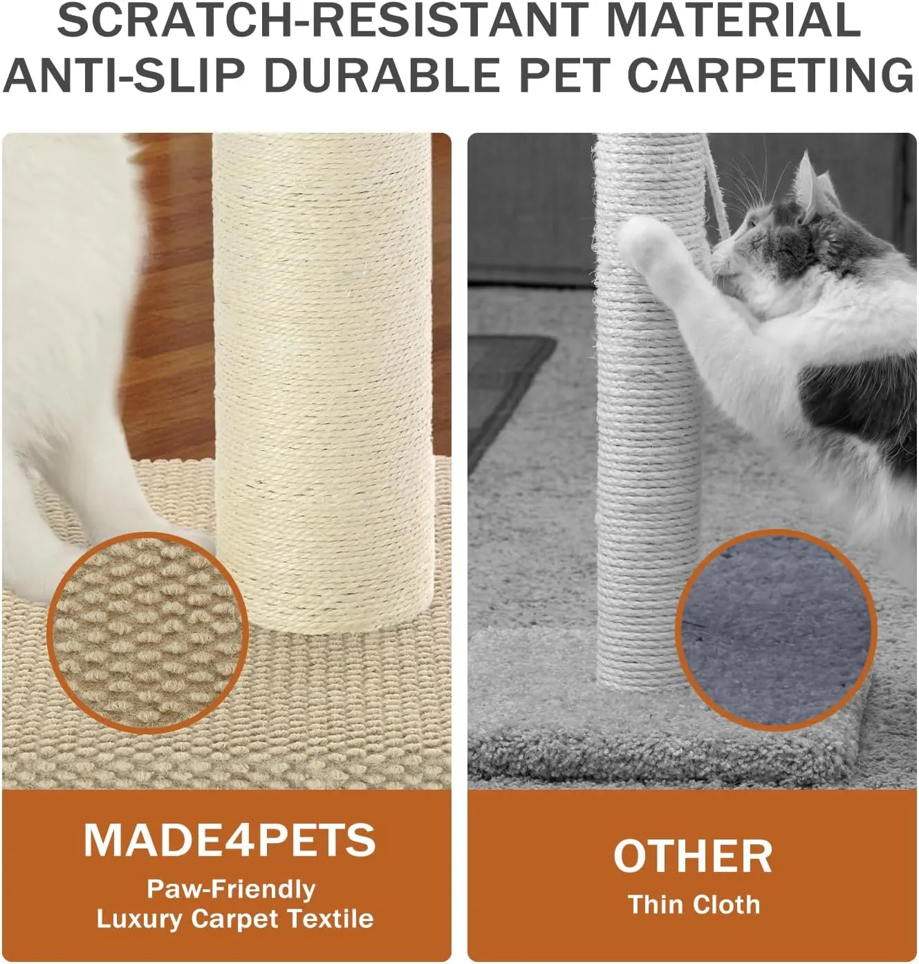 Made4Pets Cat Scratching Post 23.6", Tall Scratching Posts for Indoor Cats Adults, Natural Sisal Rope Cat Scratcher with Replacement Hanging Balls, 4.3 Inches Thick Cat Scratch Post, Beige