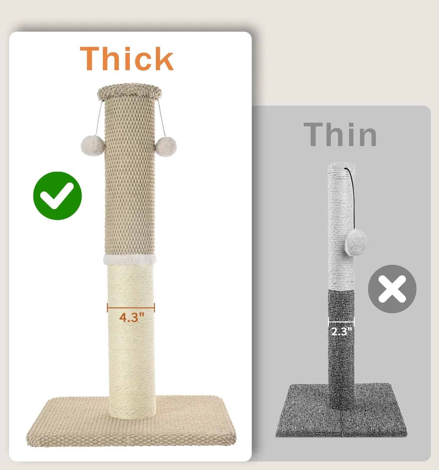 Made4Pets Cat Scratching Post 23.6", Tall Scratching Posts for Indoor Cats Adults, Natural Sisal Rope Cat Scratcher with Replacement Hanging Balls, 4.3 Inches Thick Cat Scratch Post, Beige
