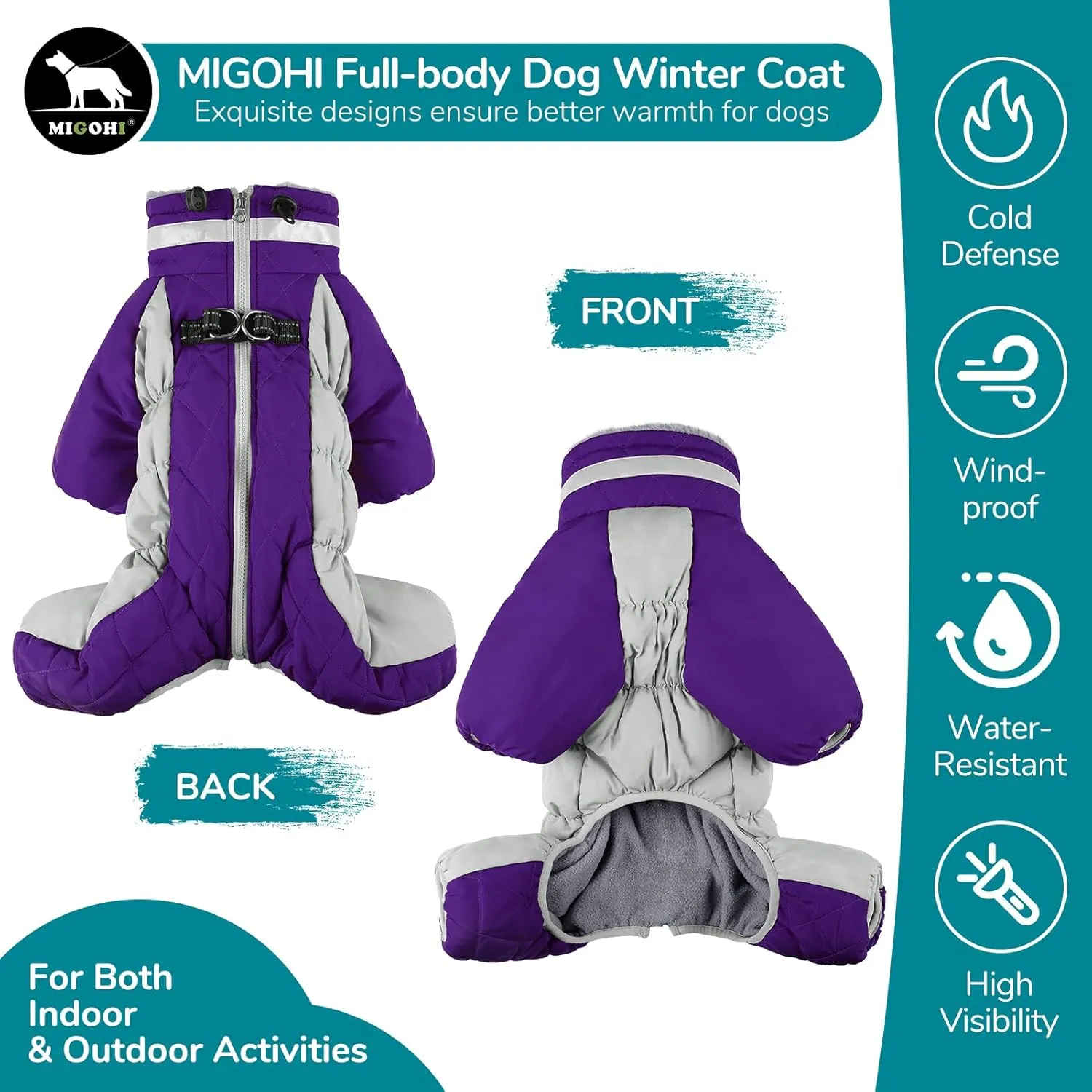 MIGOHI Full Body Dog Coat, Reflective Warm Winter Coat with Harness, Turtleneck Fleece Jacket for Small to Large Dogs, Windproof Waterproof Snowsuit with Zipper
