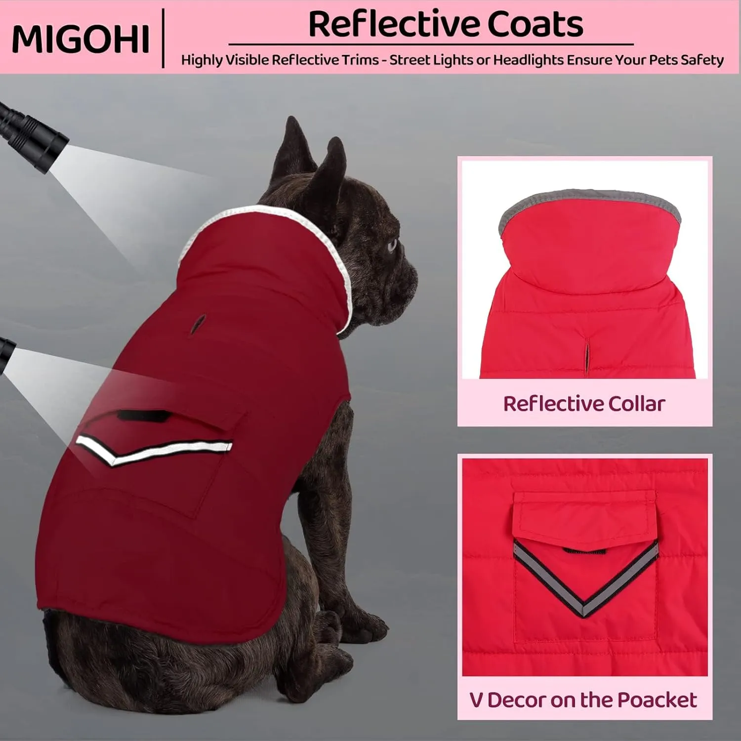 MIGOHI Warm Dog Coat, Winter Jacket for Cold Weather, Reflective Windproof Fleece Vest with Thick Fur Collar, Leash Hole - Red S, Small to Large Dogs