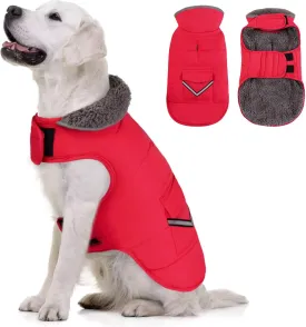 MIGOHI Warm Dog Coat, Winter Jacket for Cold Weather, Reflective Windproof Fleece Vest with Thick Fur Collar, Leash Hole - Red S, Small to Large Dogs