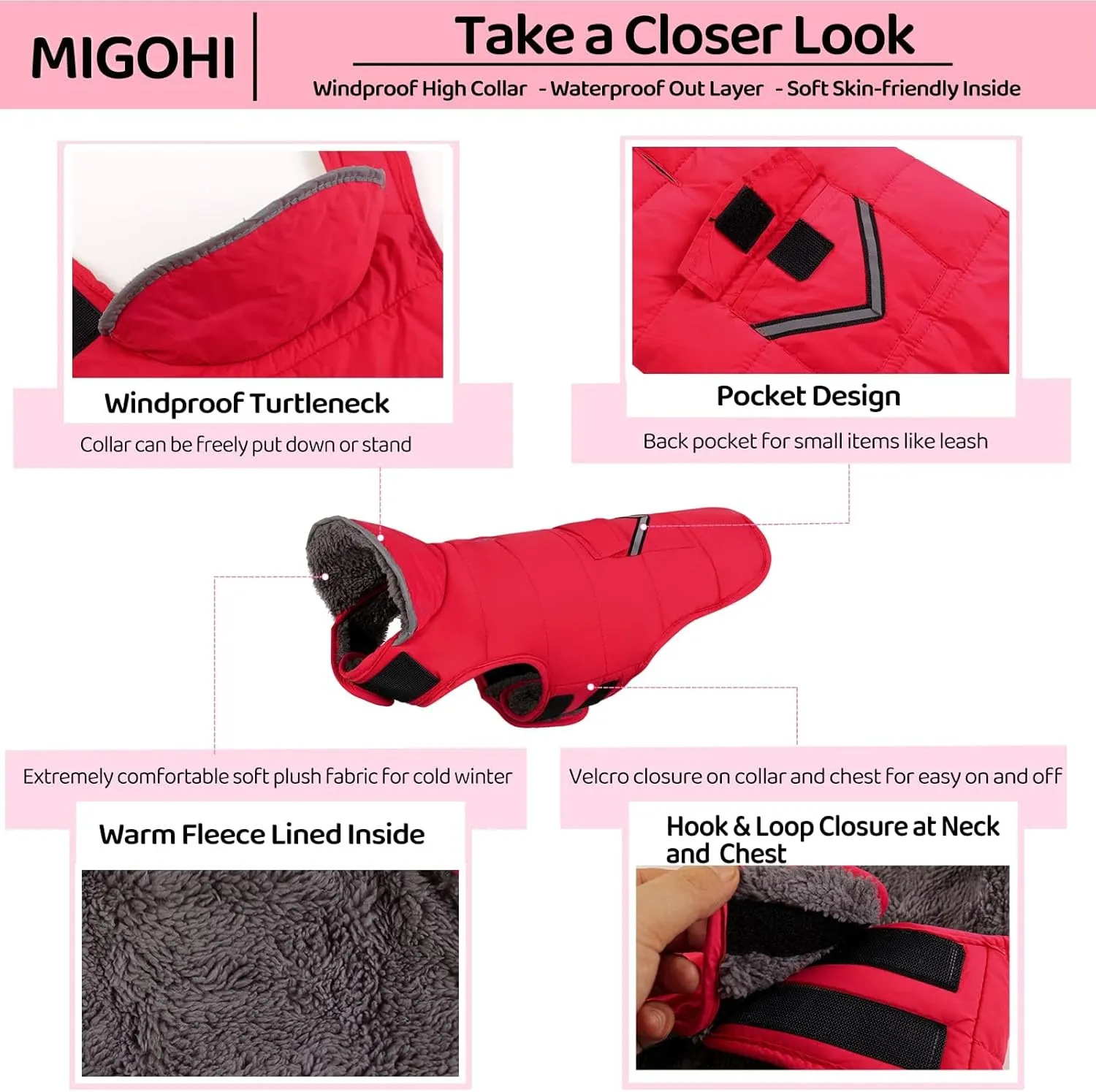 MIGOHI Warm Dog Coat, Winter Jacket for Cold Weather, Reflective Windproof Fleece Vest with Thick Fur Collar, Leash Hole - Red S, Small to Large Dogs