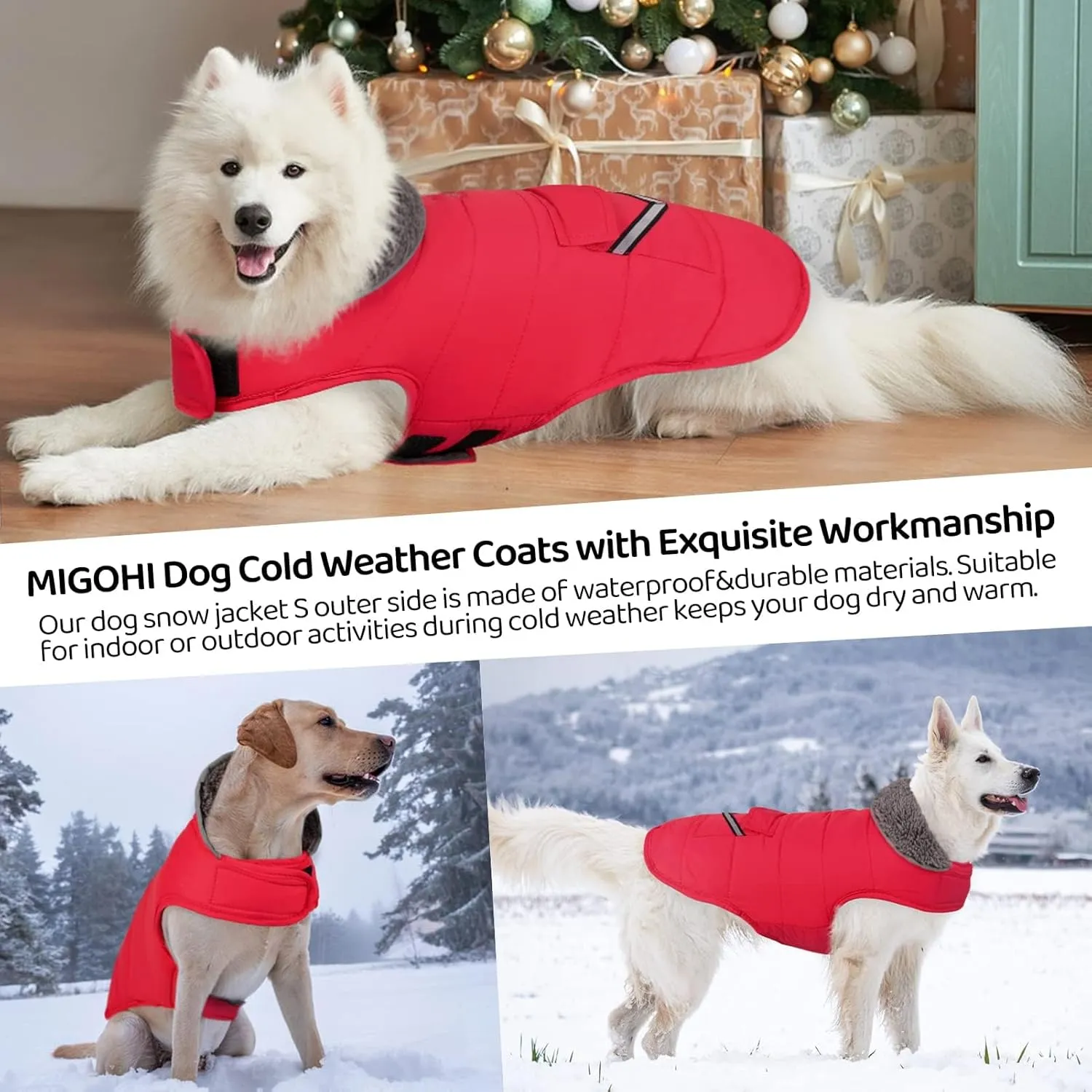 MIGOHI Warm Dog Coat, Winter Jacket for Cold Weather, Reflective Windproof Fleece Vest with Thick Fur Collar, Leash Hole - Red S, Small to Large Dogs