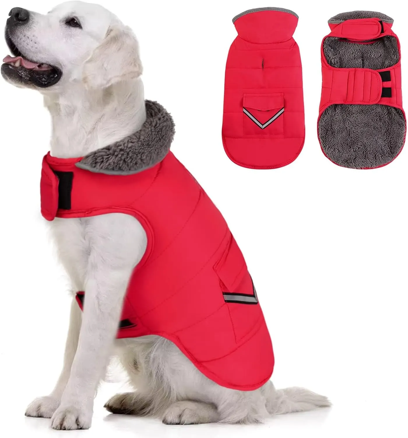 MIGOHI Warm Dog Coat, Winter Jacket for Cold Weather, Reflective Windproof Fleece Vest with Thick Fur Collar, Leash Hole - Red S, Small to Large Dogs