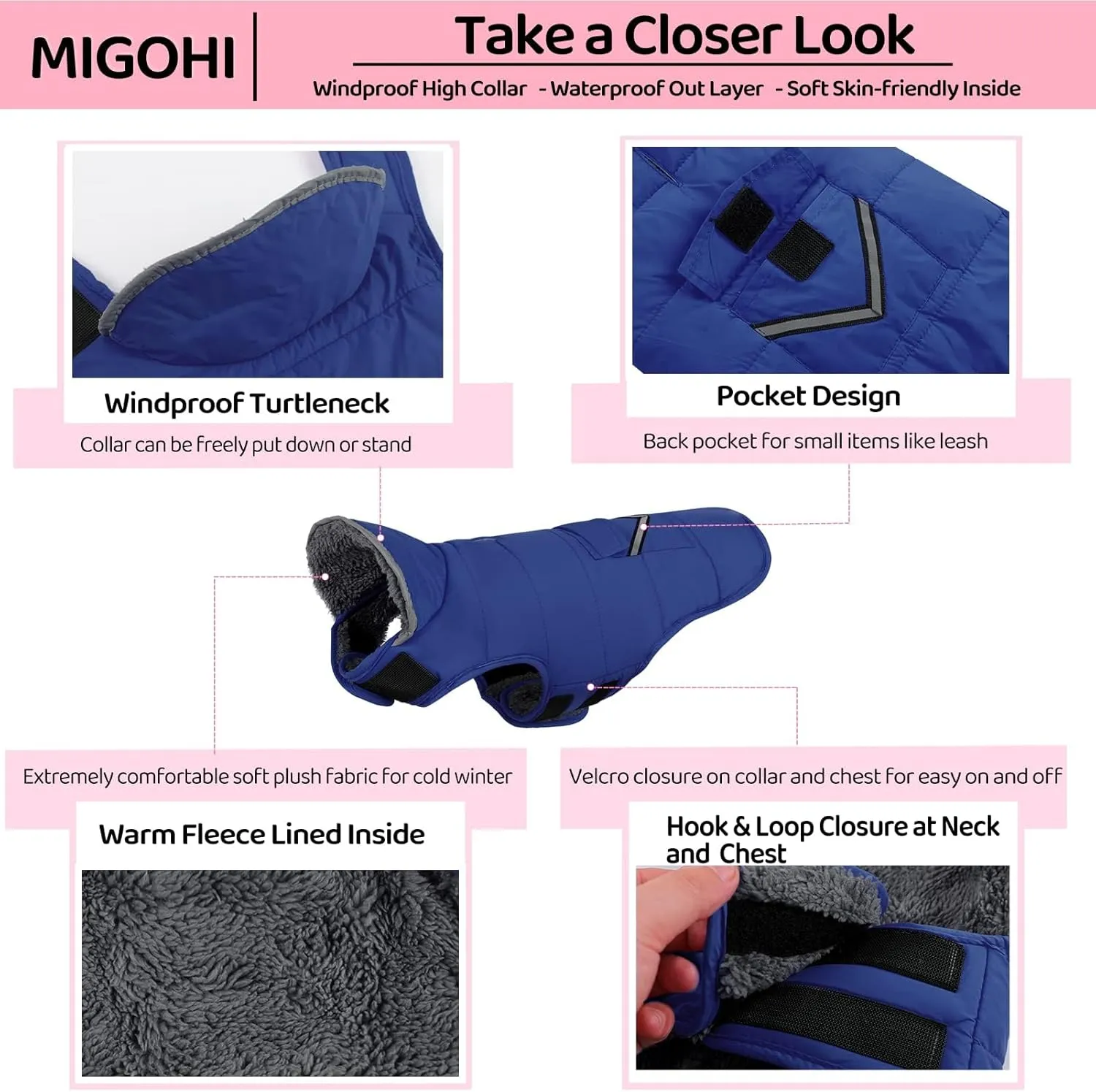MIGOHI Winter Dog Jacket - Reflective Windproof Fleece Vest with Leash Hole and Furry Collar - Small to Large Dogs, Blue