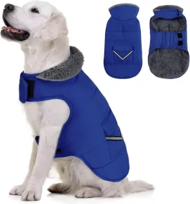 MIGOHI Winter Dog Jacket - Reflective Windproof Fleece Vest with Leash Hole and Furry Collar - Small to Large Dogs, Blue