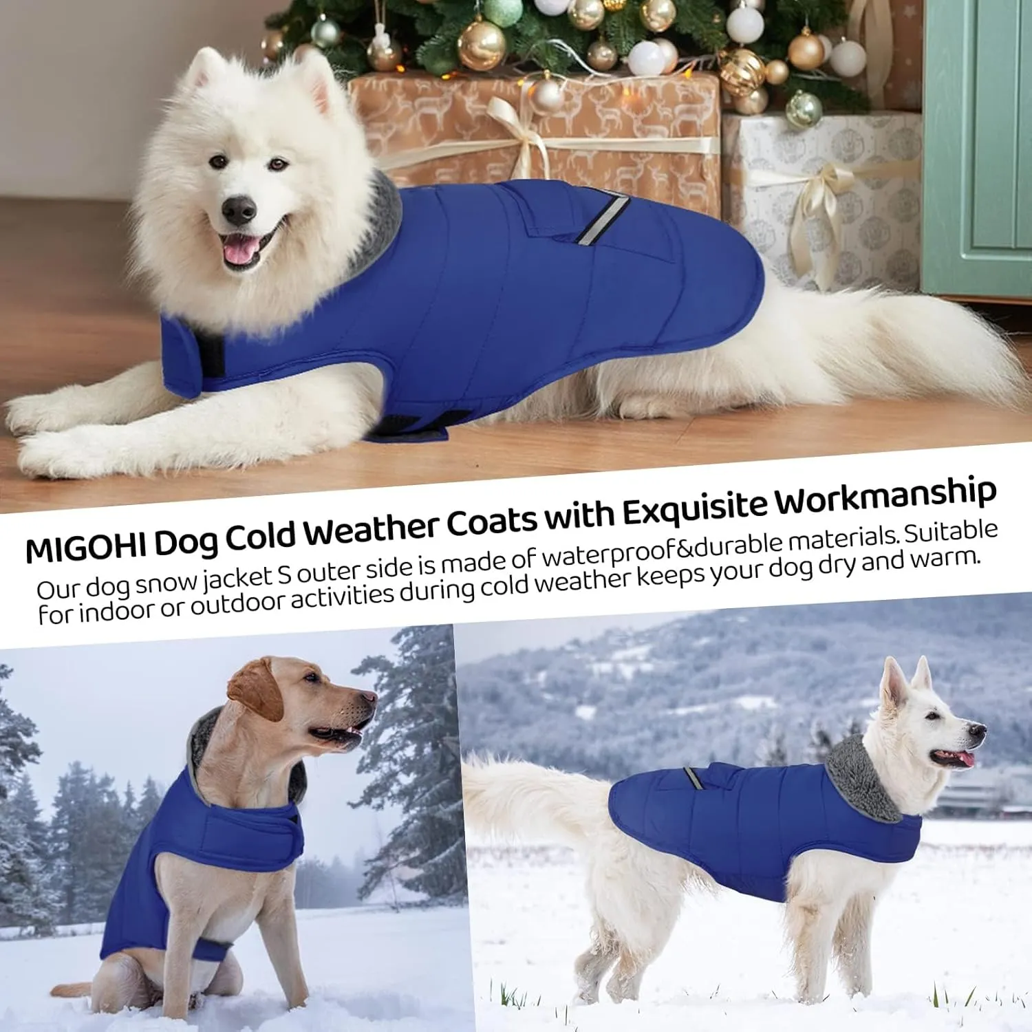 MIGOHI Winter Dog Jacket - Reflective Windproof Fleece Vest with Leash Hole and Furry Collar - Small to Large Dogs, Blue