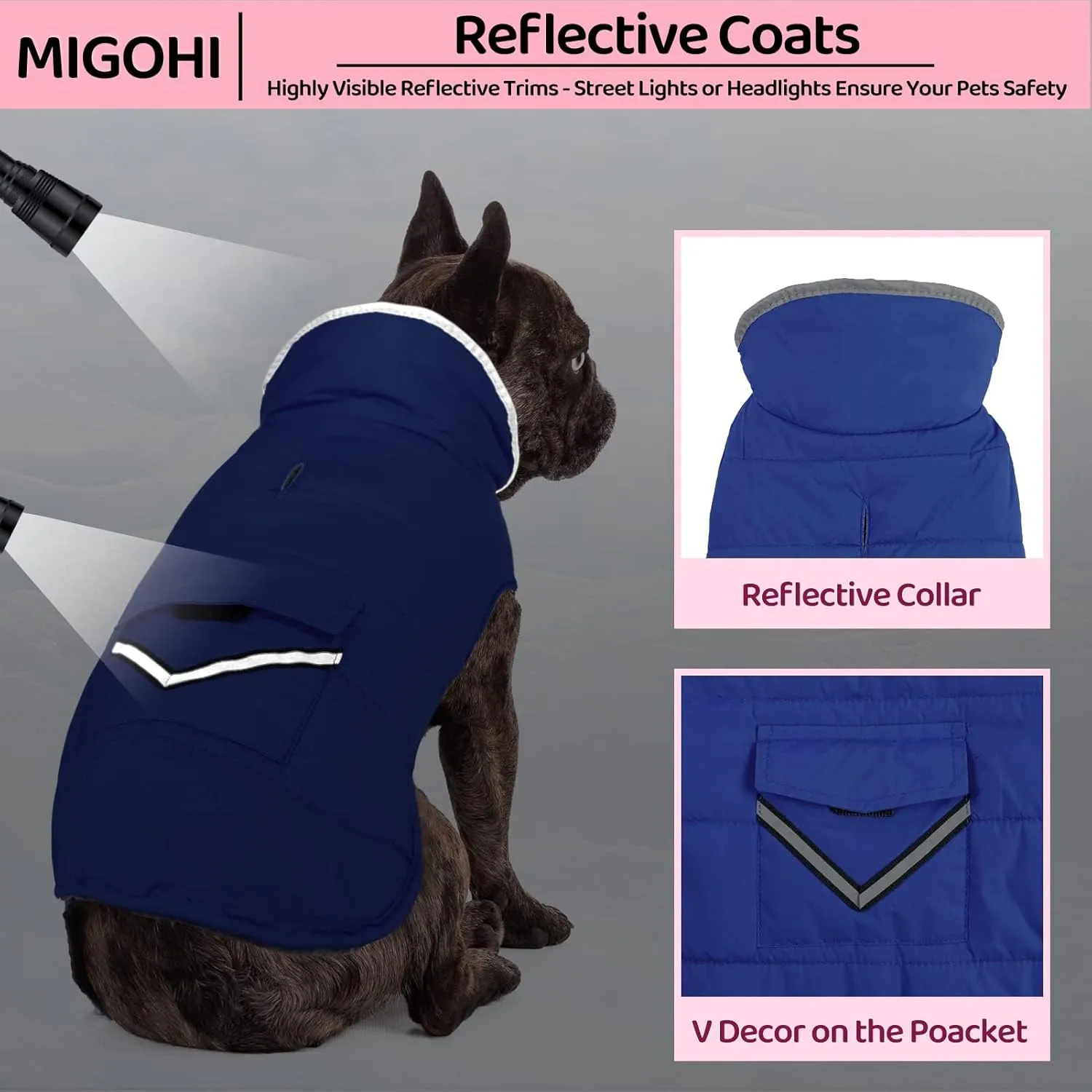MIGOHI Winter Dog Jacket - Reflective Windproof Fleece Vest with Leash Hole and Furry Collar - Small to Large Dogs, Blue