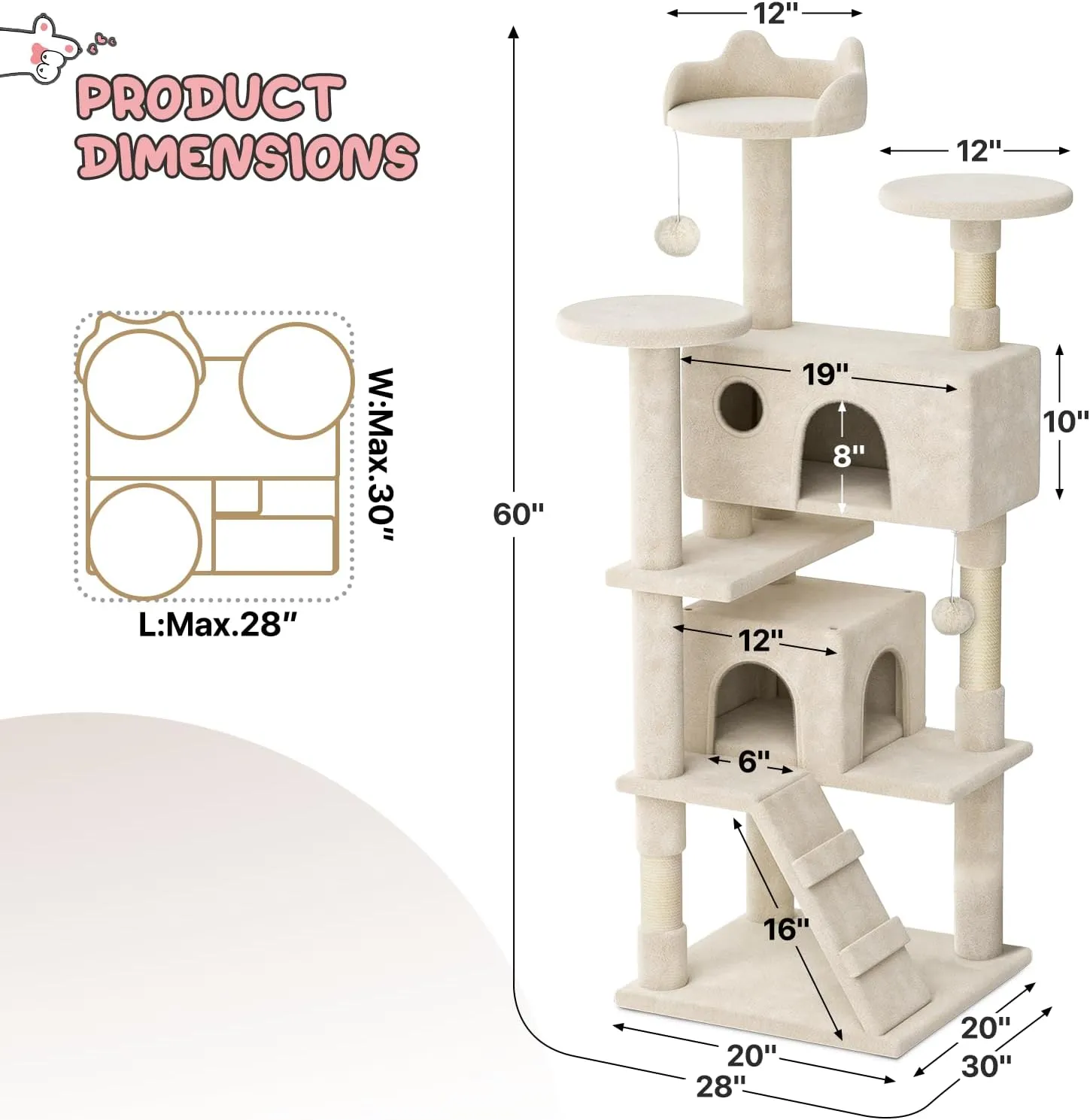 MoNiBloom 60 Inch Cat Tree Tower for Indoor Cats Large Adults, Cat Tower with Scratching Post, Multi-Level Furniture Activity Center with Cat Condo Pet Play House, Beige